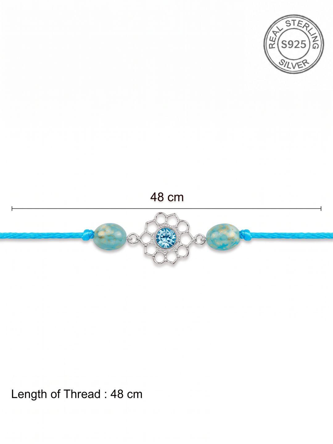 925 Sterling Silver Blue Crystal Floral Designer Rakhi With Roli-Chawal Set - Image 7