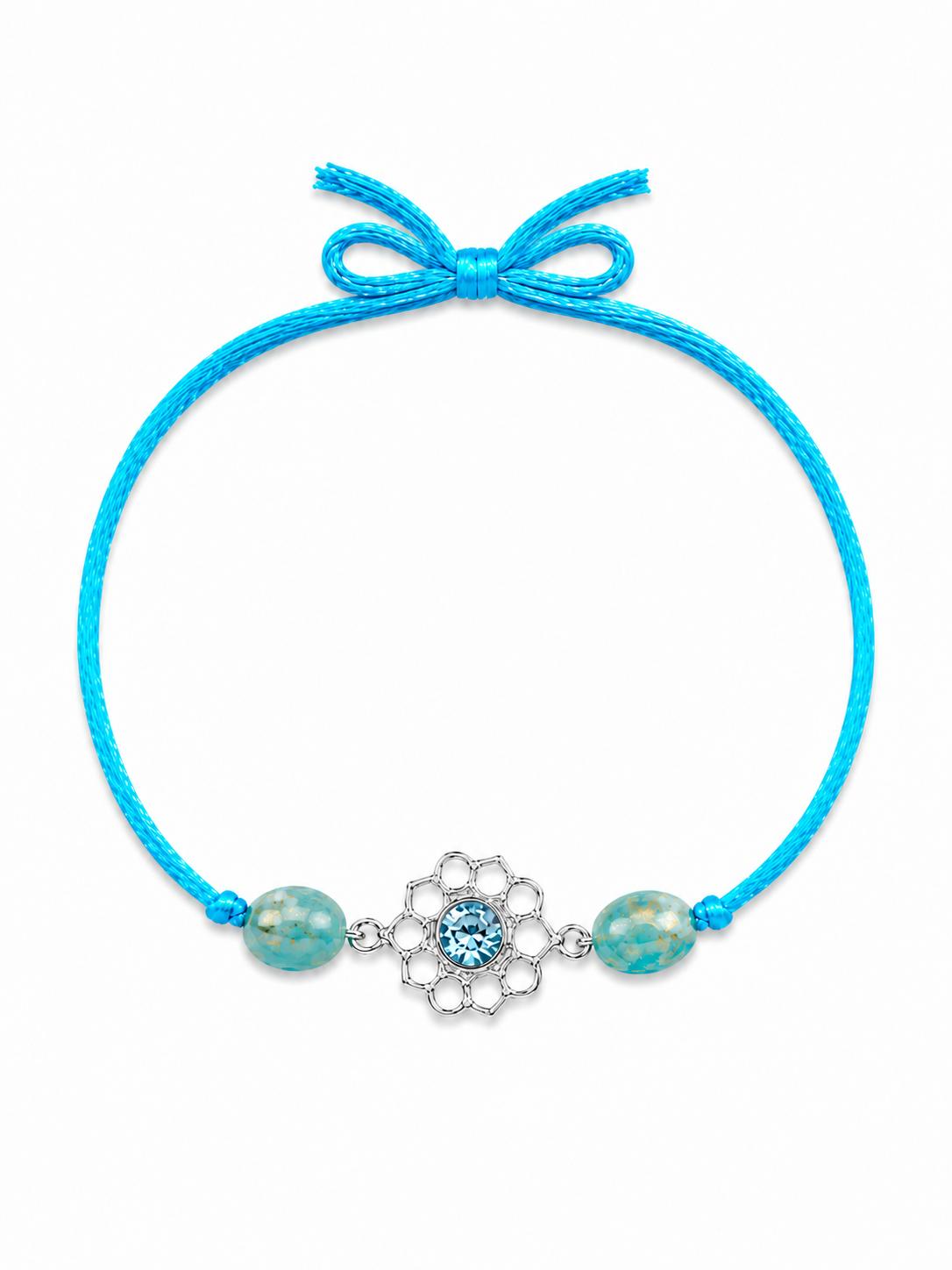 925 Sterling Silver Blue Crystal Floral Designer Rakhi With Roli-Chawal Set - Image 4