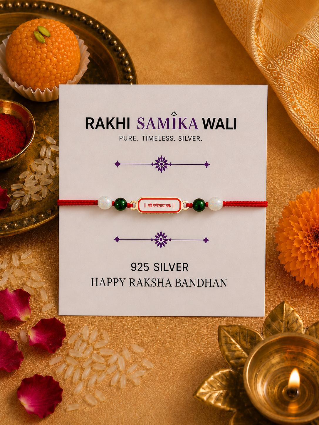 925 Sterling Silver Shri Ganpati Blessing Designer Rakhi With Roli-Chawal Set - Image 5
