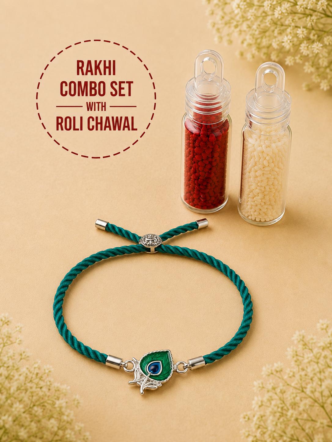925 Sterling Silver Krishna Mor Pankh Rakhi With Roli-Chawal Set