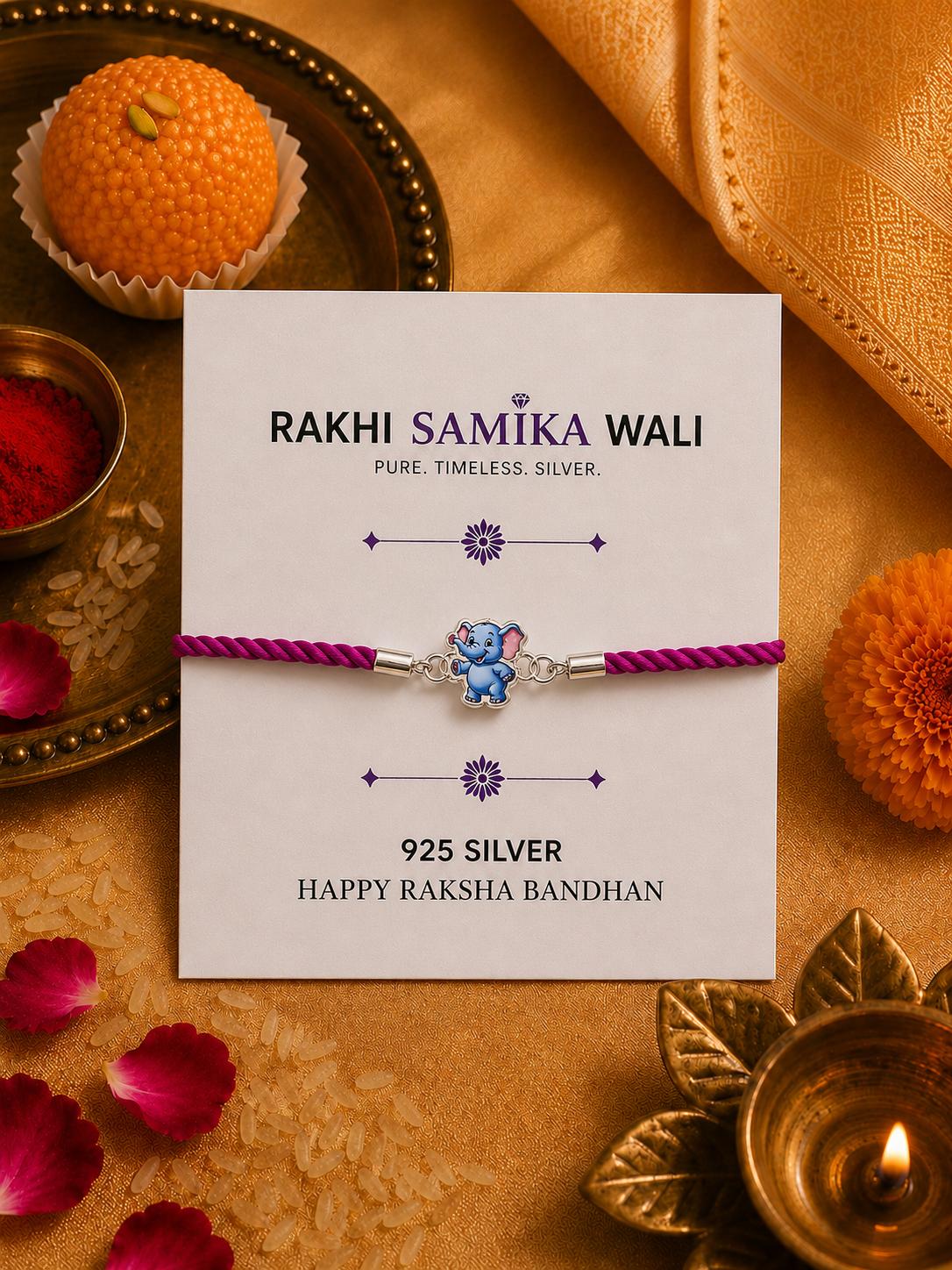 925 Sterling Silver Elephant Designer Kids Rakhi With Roli-Chawal Set - Image 5
