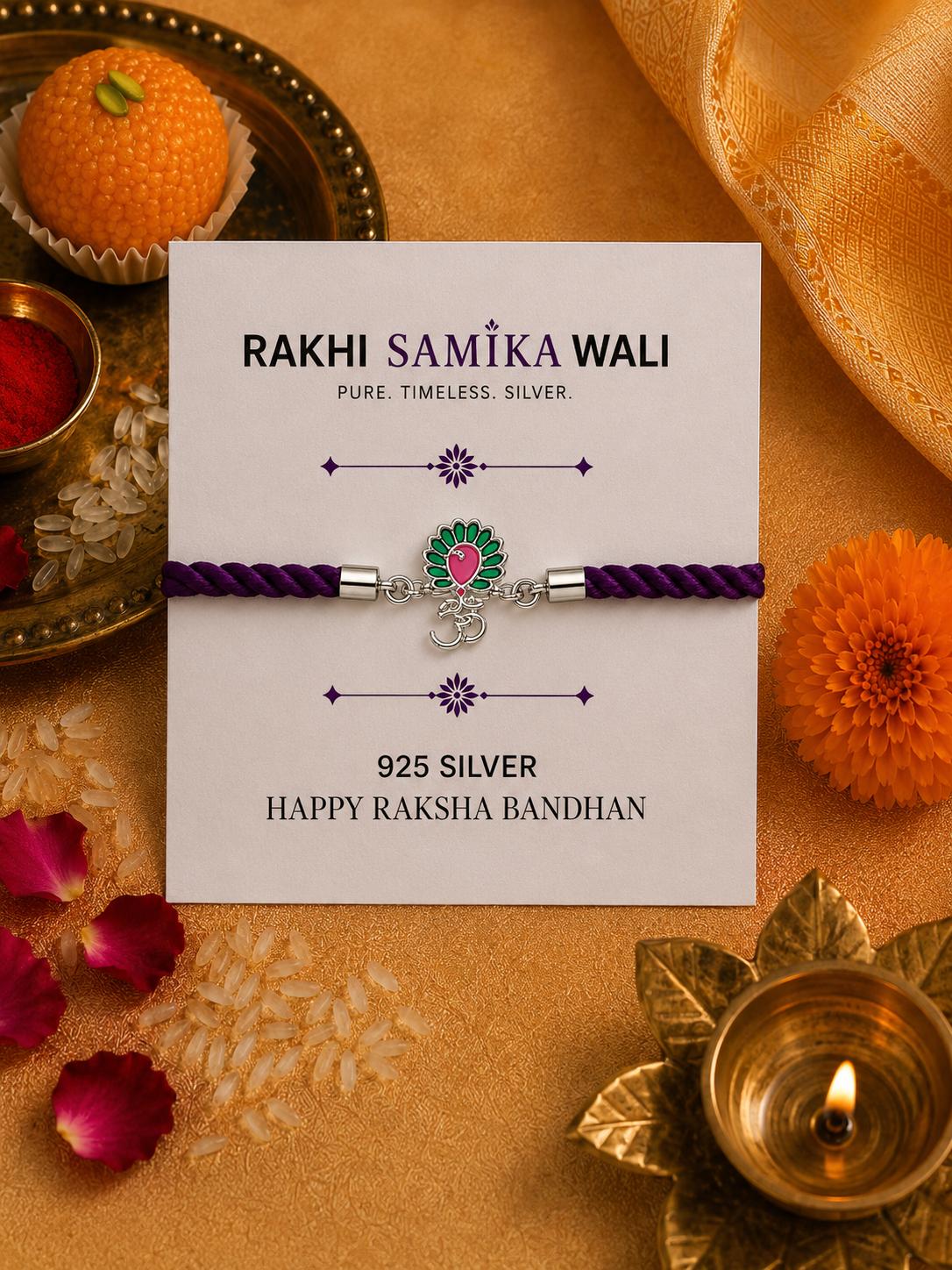 925 Sterling Silver Traditional Om Morpankh Rakhi With Roli-Chawal Set - Image 5