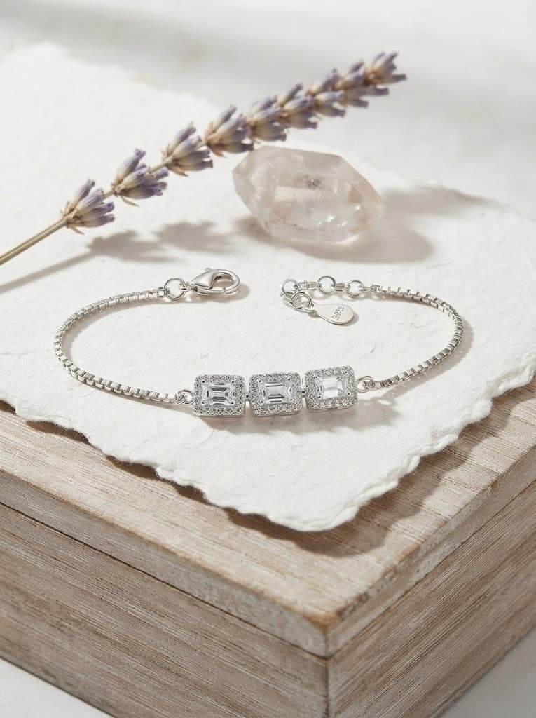 925 Sterling Silver Cushion Cut Square Halo Studs Bracelet