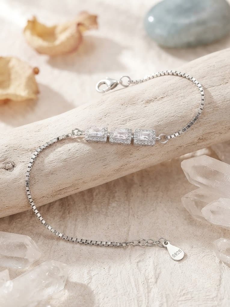 925 Sterling Silver Cushion Cut Square Halo Studs Bracelet - Image 3