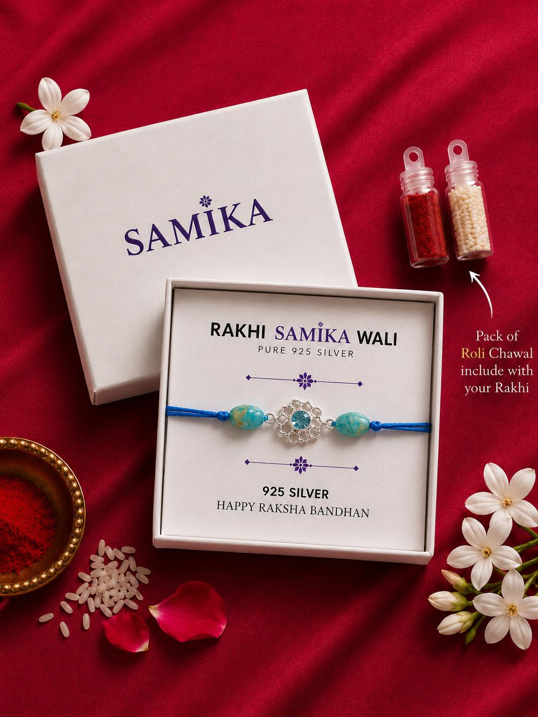 925 Sterling Silver Blue Crystal Floral Designer Rakhi With Roli-Chawal Set - Image 3