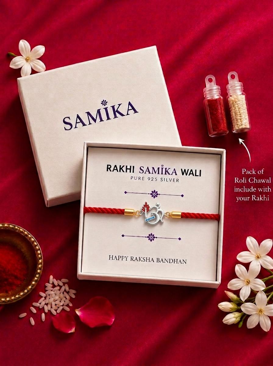 925 Sterling Silver Om Symbol Rakhi With Roli-Chawal Set - Image 3
