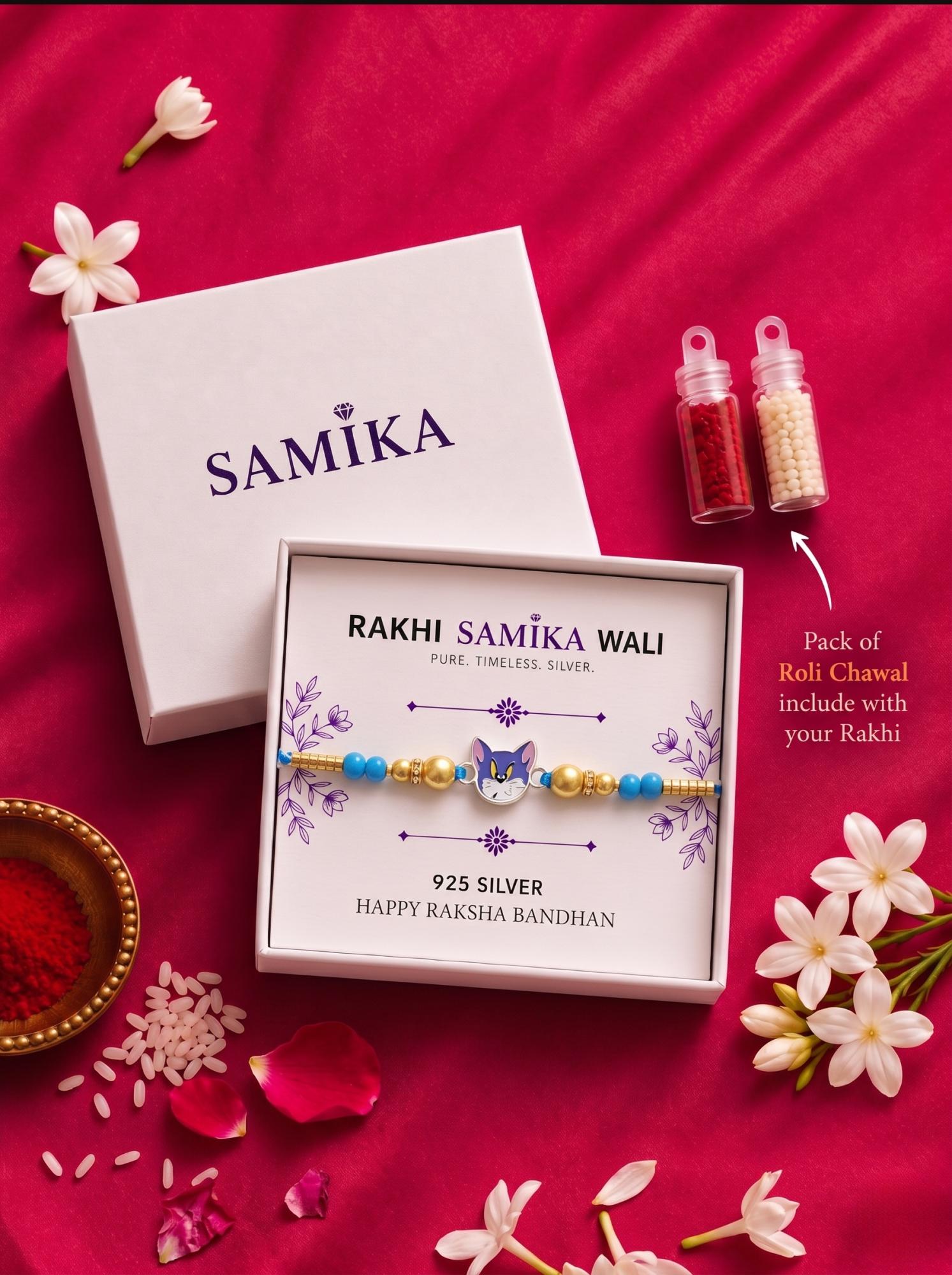 925 Sterling Silver Tom Cartoon Kids Rakhi With Roli-Chawal Set