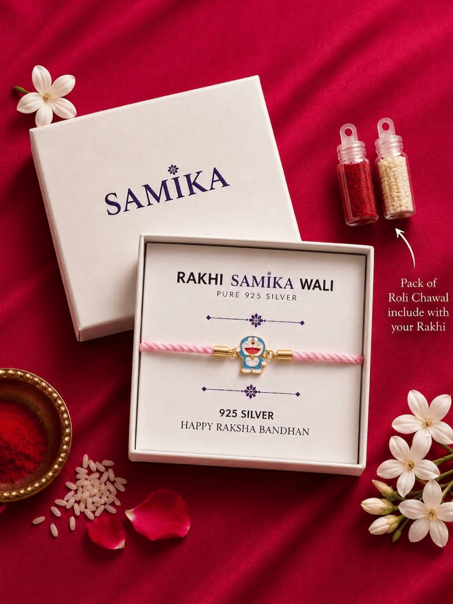 925 Sterling Silver Doraemon Cartoon Rakhi For Kids With Roli-Chawal Set