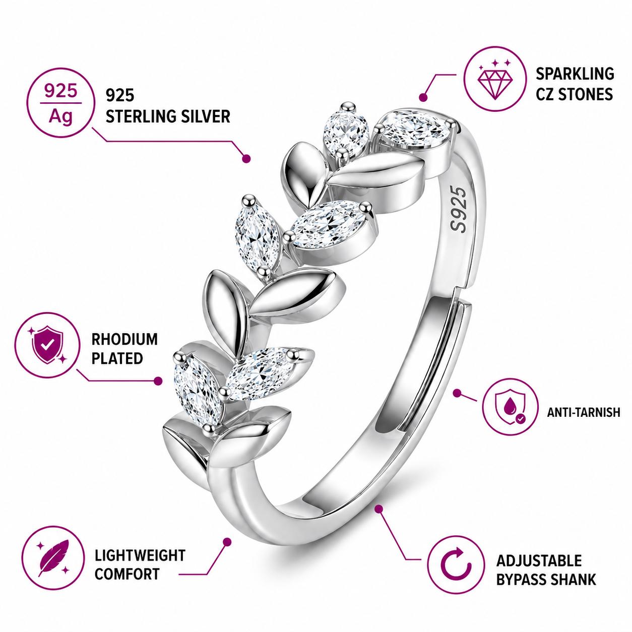 925 Sterling Silver Leaf Vine Cz Adjustable Ring - Image 4