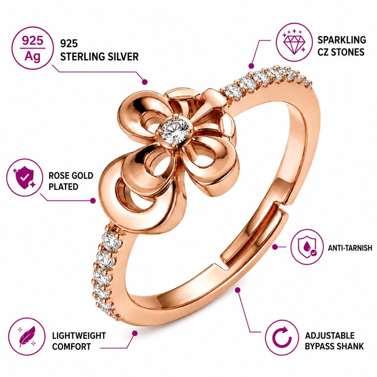 925 Sterling Silver Rose Gold Floral Cz Adjustable Ring - Image 7