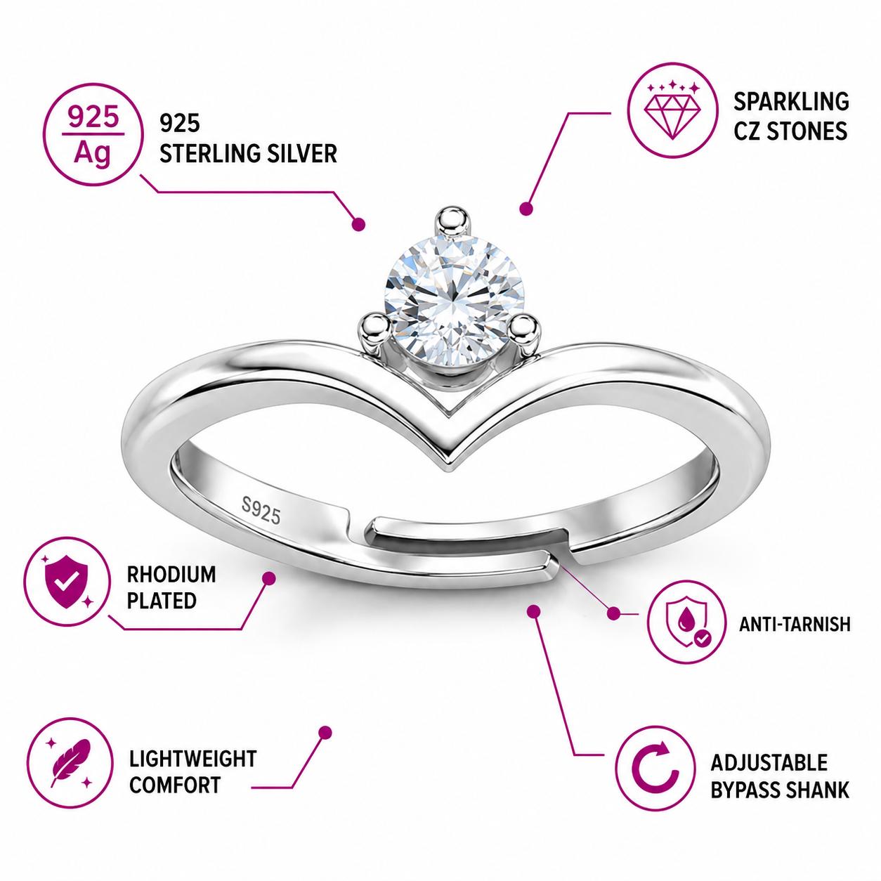 925 Sterling Silver Solitaire Crown Cz Adjustable Ring - Image 8