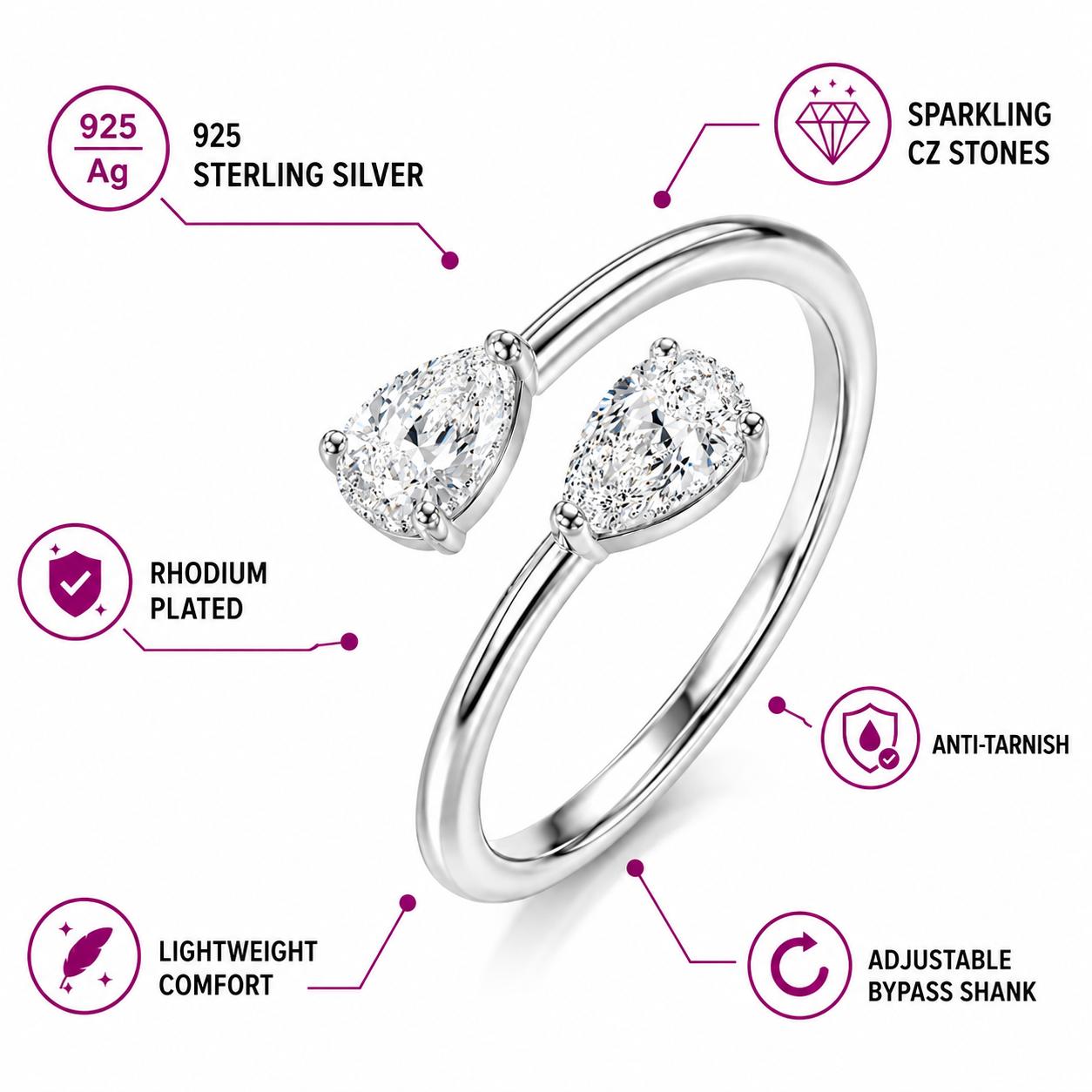 925 Sterling Silver Twin Pear Cz Open Ring - Image 6
