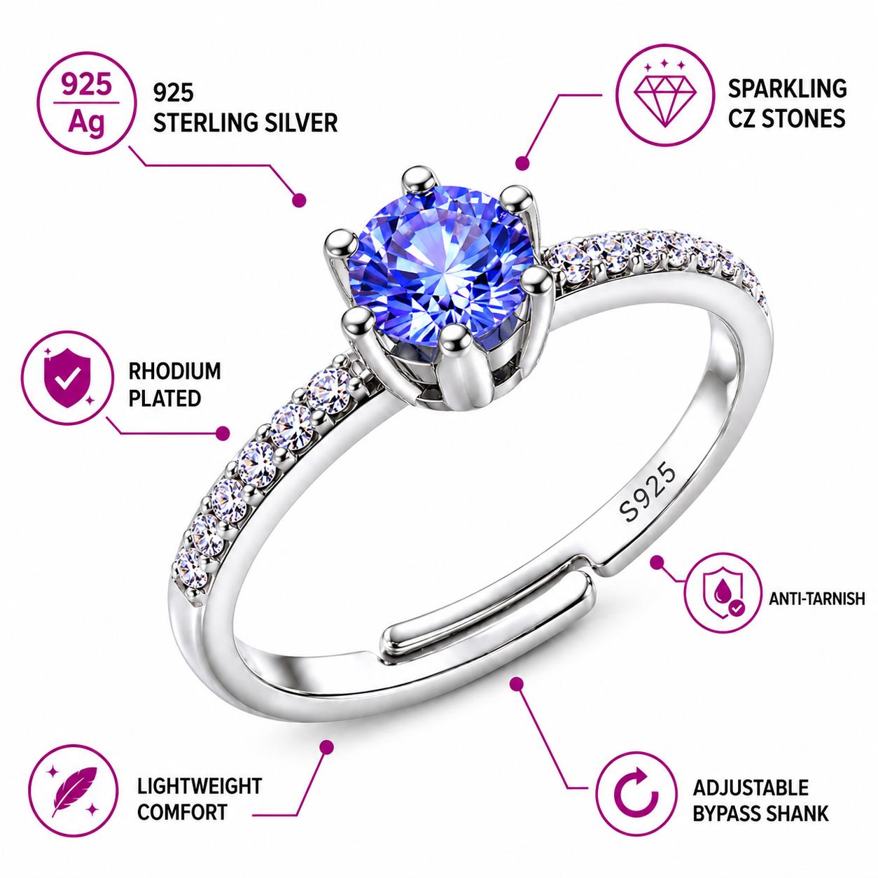 925 Sterling Silver Blue Solitaire Cz Adjustable Ring - Image 8