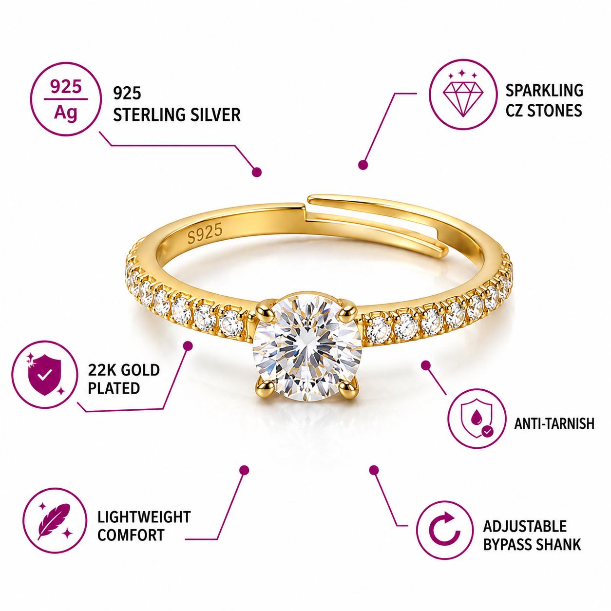 925 Sterling Silver 22k Gold Plated Solitaire Cz Open Ring - Image 6