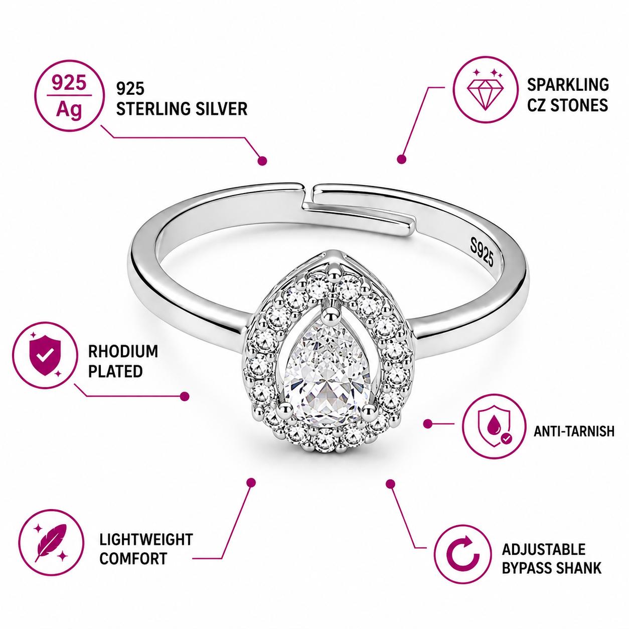 925 Sterling Silver Teardrop Halo Cz Adjustable Ring - Image 5