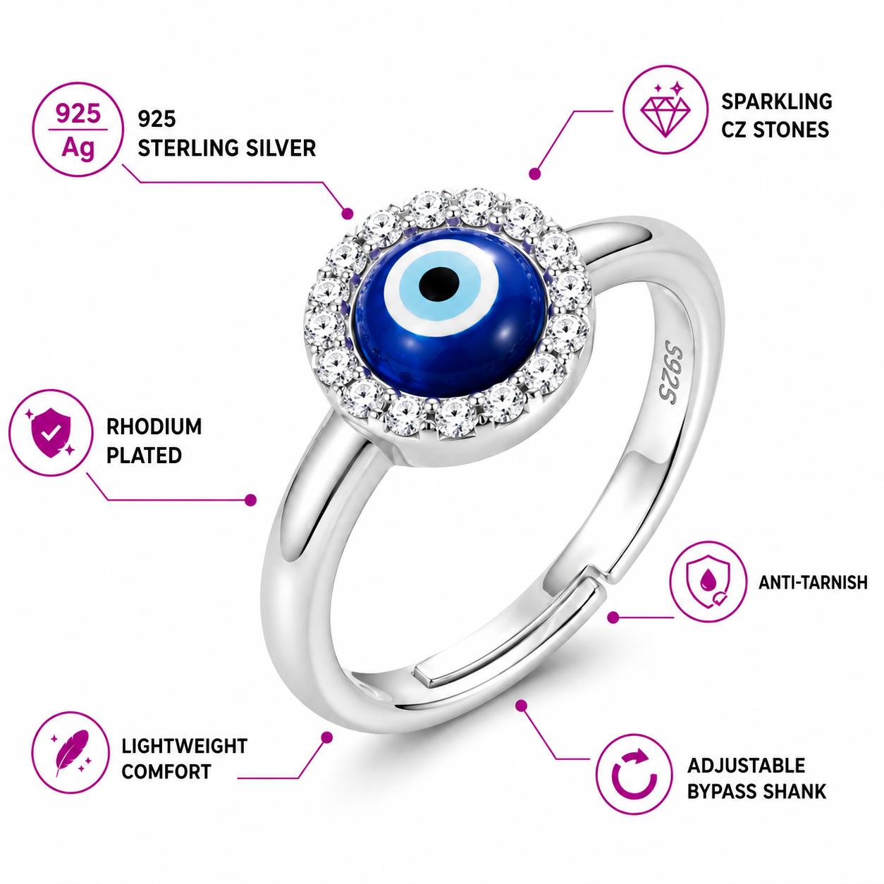 925 Sterling Silver Evil Eye Cz Adjustable Ring - Image 5