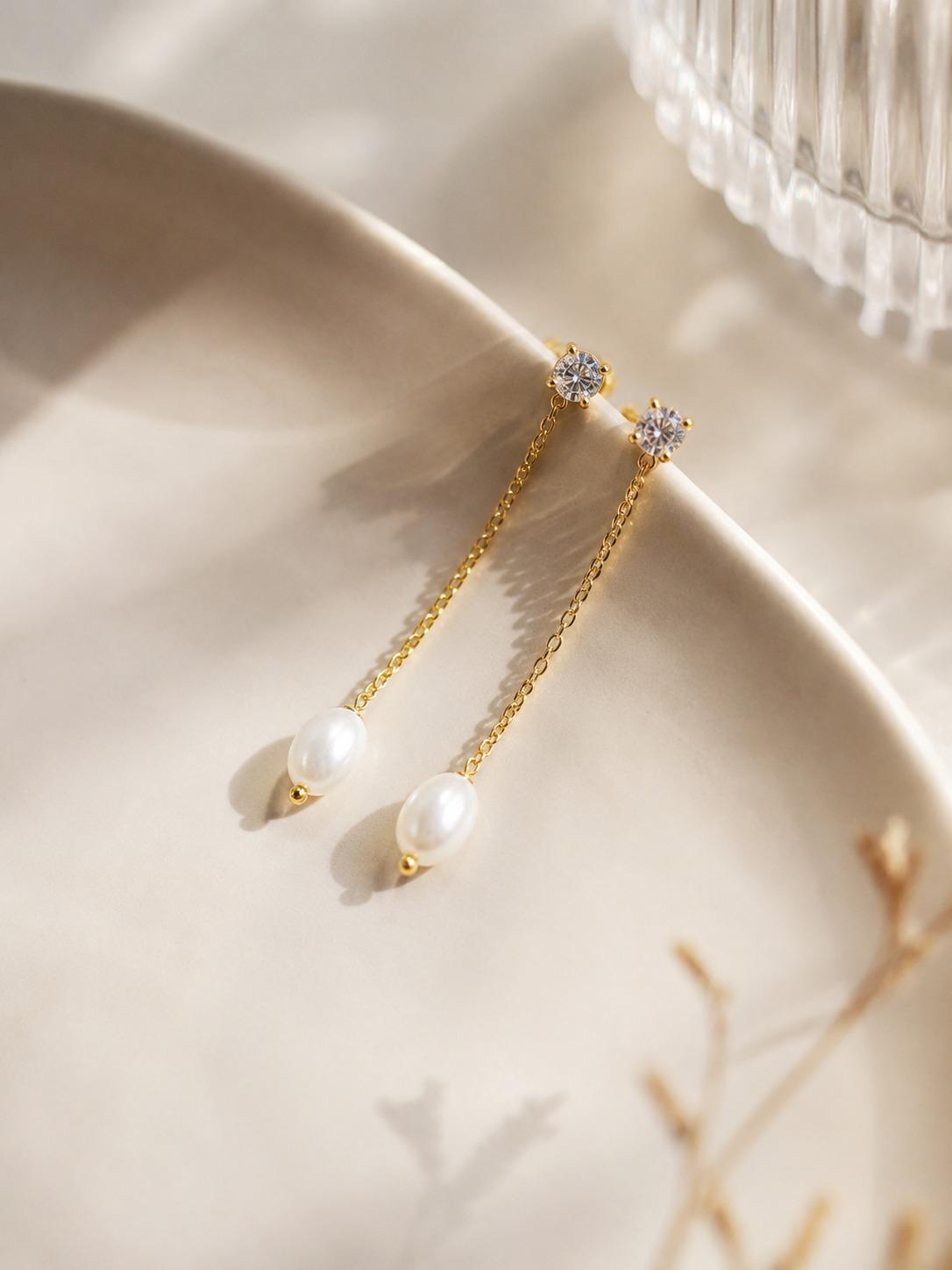 925 Sterling Silver Pearl Drop Chain Dangle Earrings