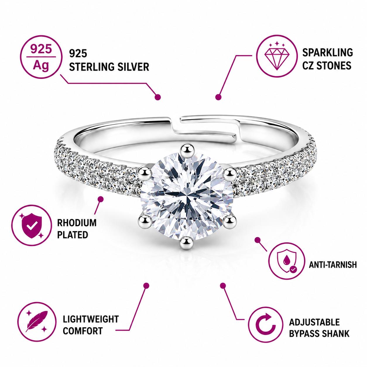 925 Sterling Silver Classic Solitaire Cz Adjustable Ring - Image 7