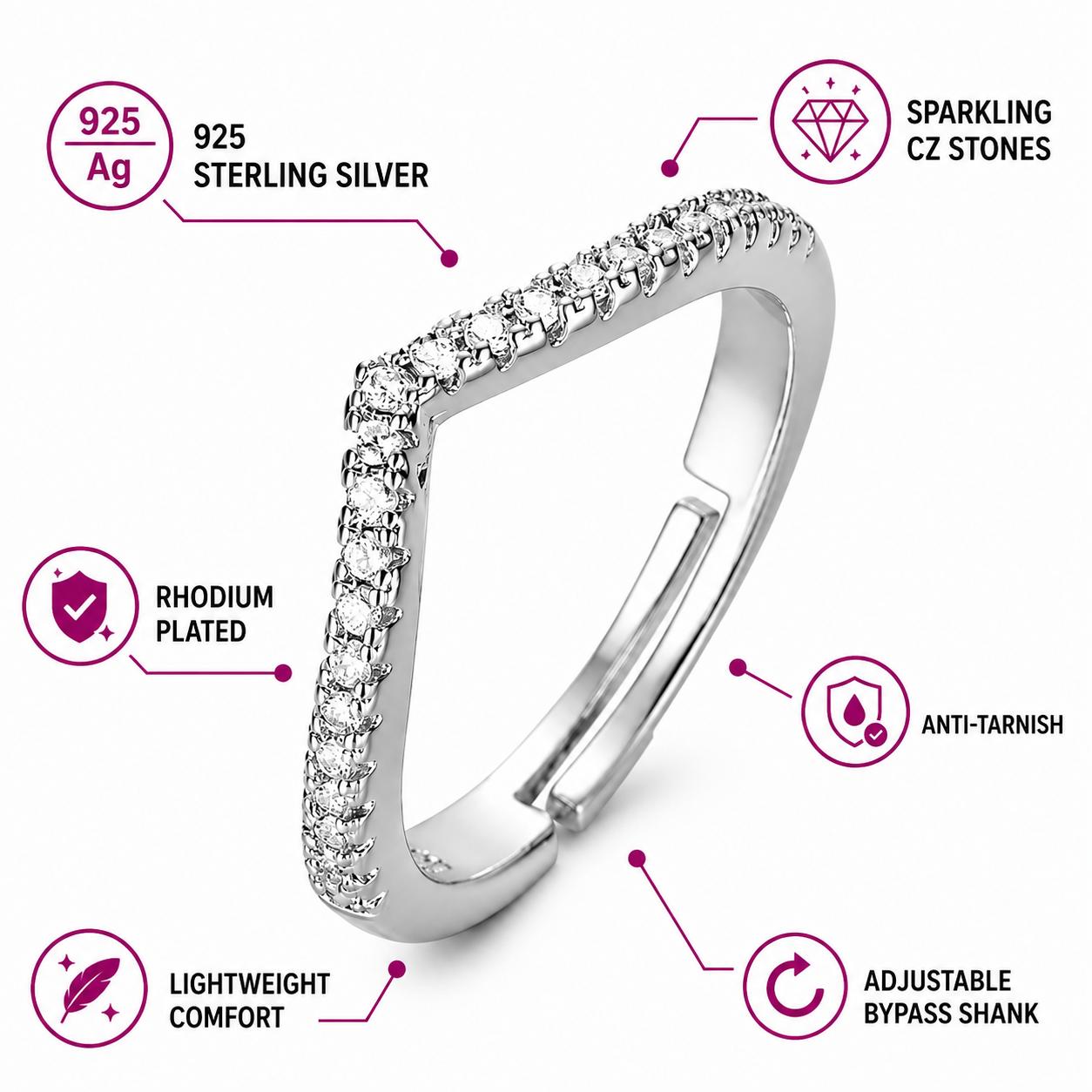 925 Sterling Silver Chevron Cz Adjustable Ring - Image 7