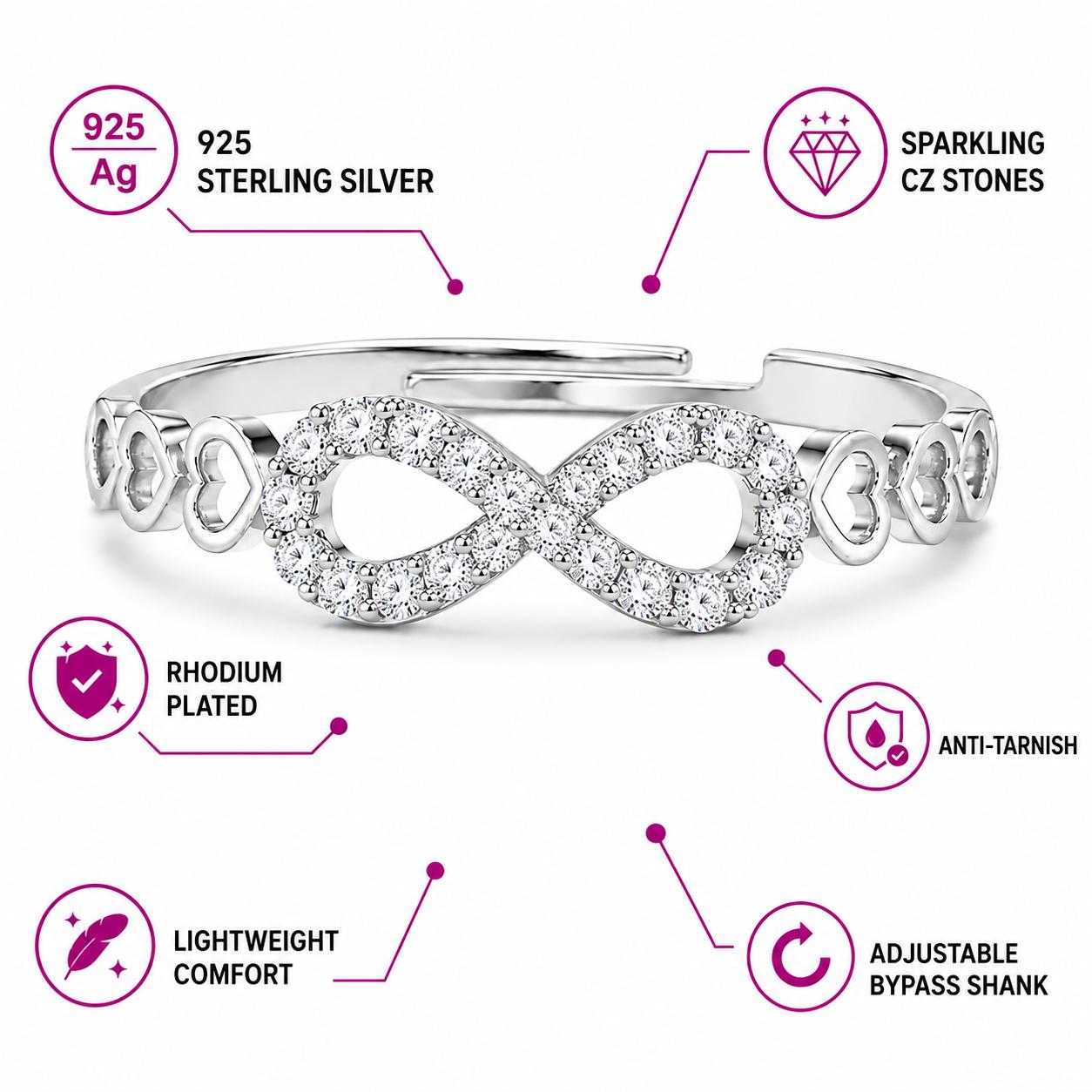 925 Sterling Silver Infinity Heart Adjustable Ring  - Image 5
