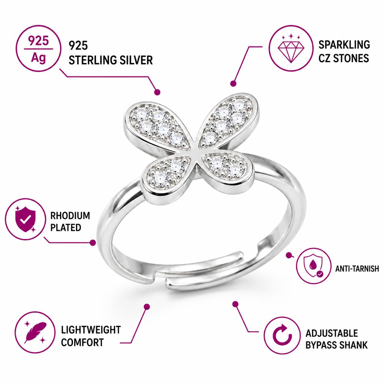 925 Sterling Silver Floral Butterfly Cz Adjustable Ring - Image 4