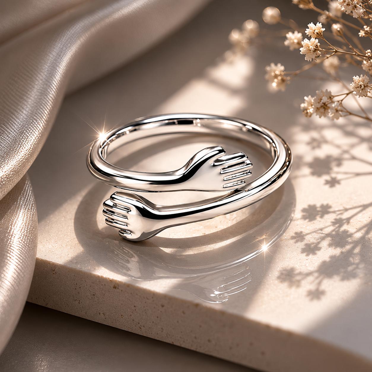 925 Sterling Silver Hug Hands Adjustable Ring