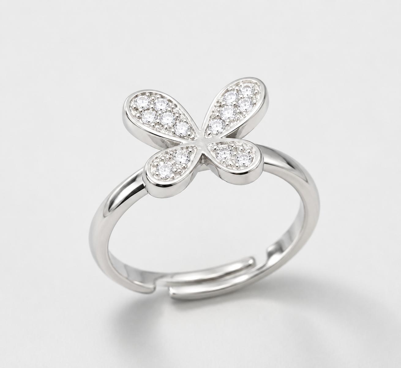 925 Sterling Silver Floral Butterfly Cz Adjustable Ring - Image 2
