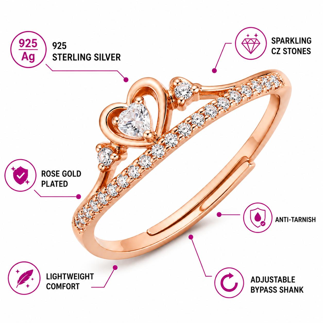 925 Sterling Silver Rose Gold Plated Heart Crown Cz Adjustable Ring - Image 6