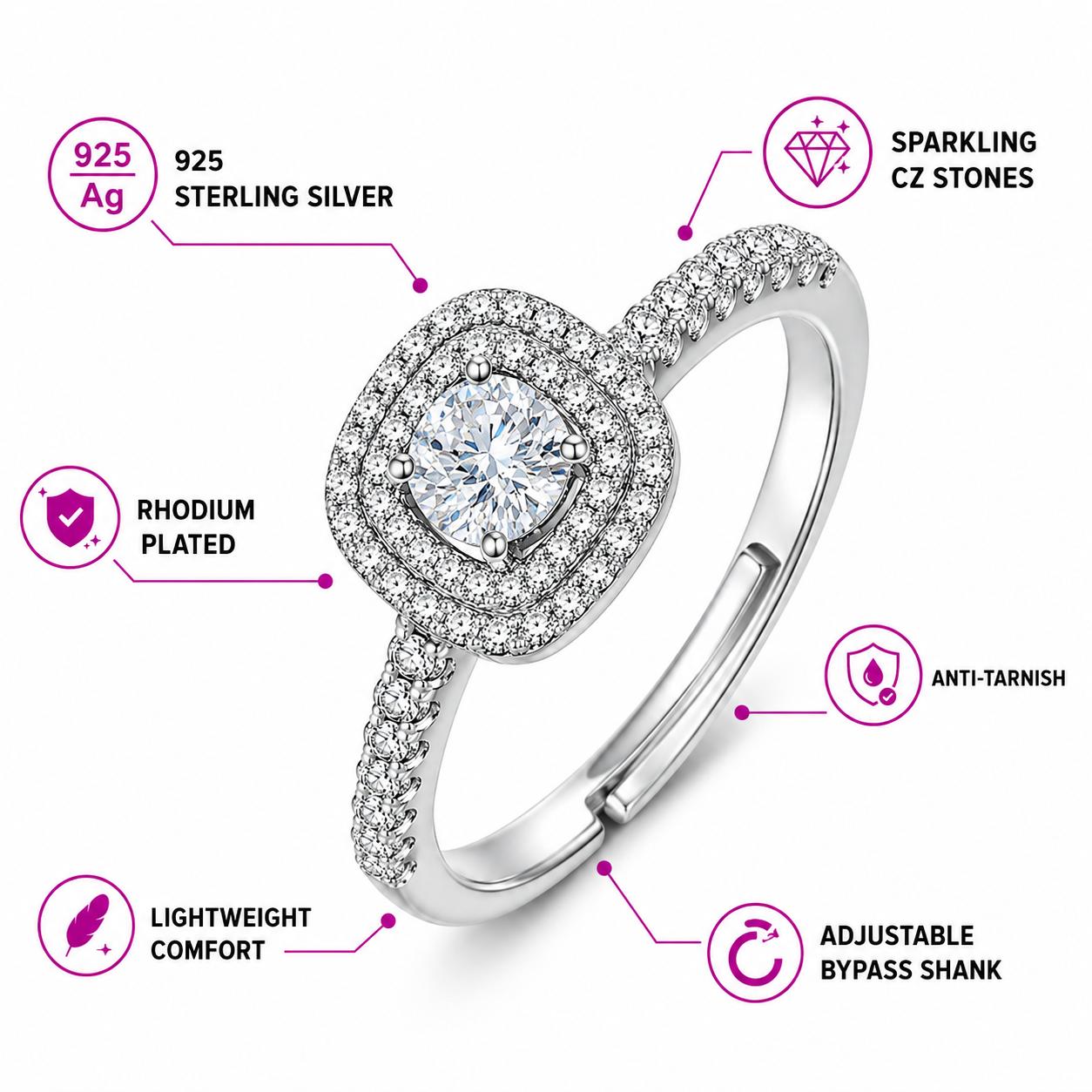 925 Sterling Silver Halo Cushion Cut Cz Adjustable Ring - Image 7