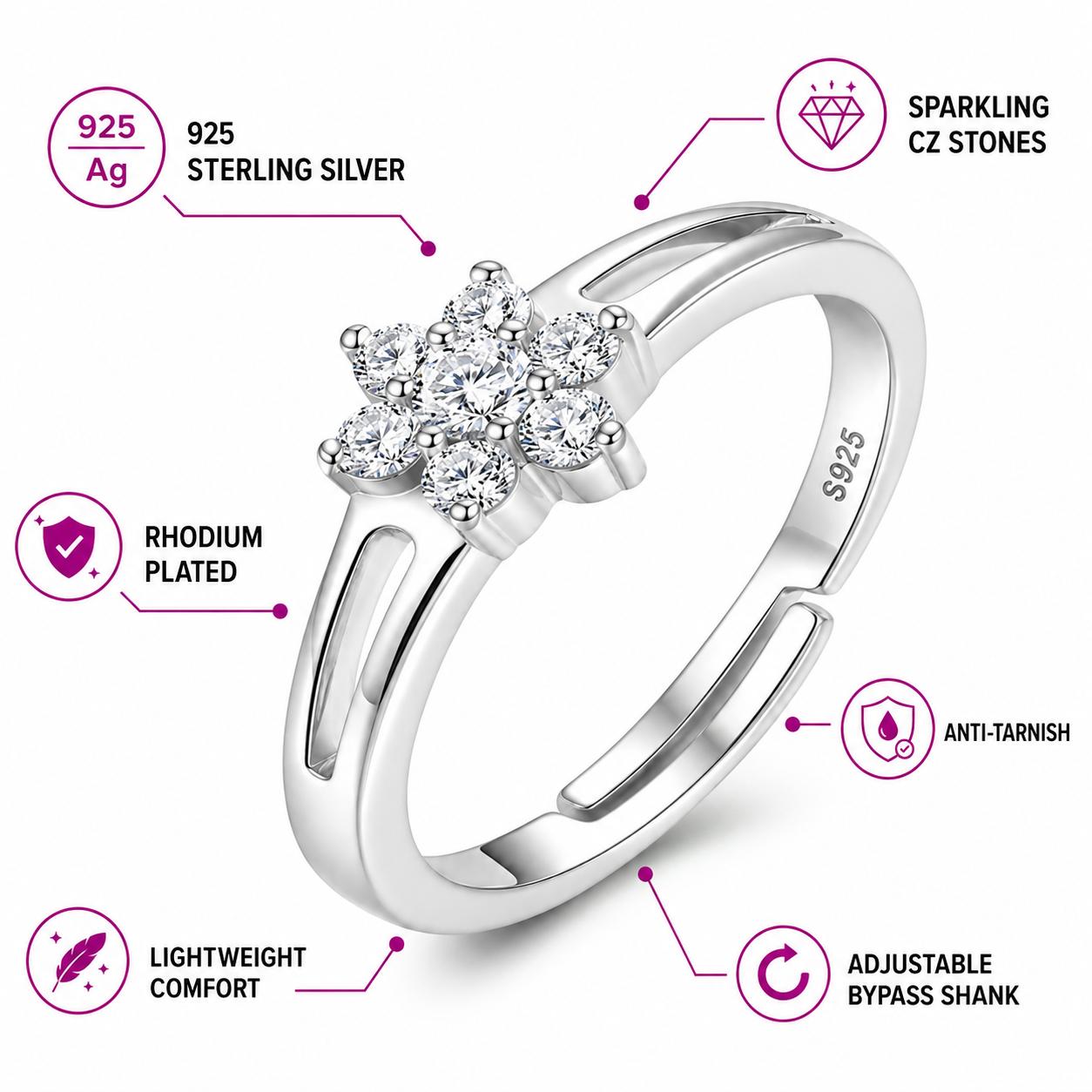 925 Sterling Silver Floral Cluster Cz Adjustable Ring - Image 5