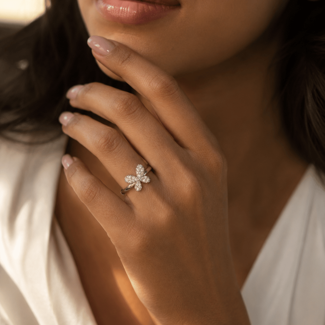925 Sterling Silver Floral Butterfly Cz Adjustable Ring - Image 3
