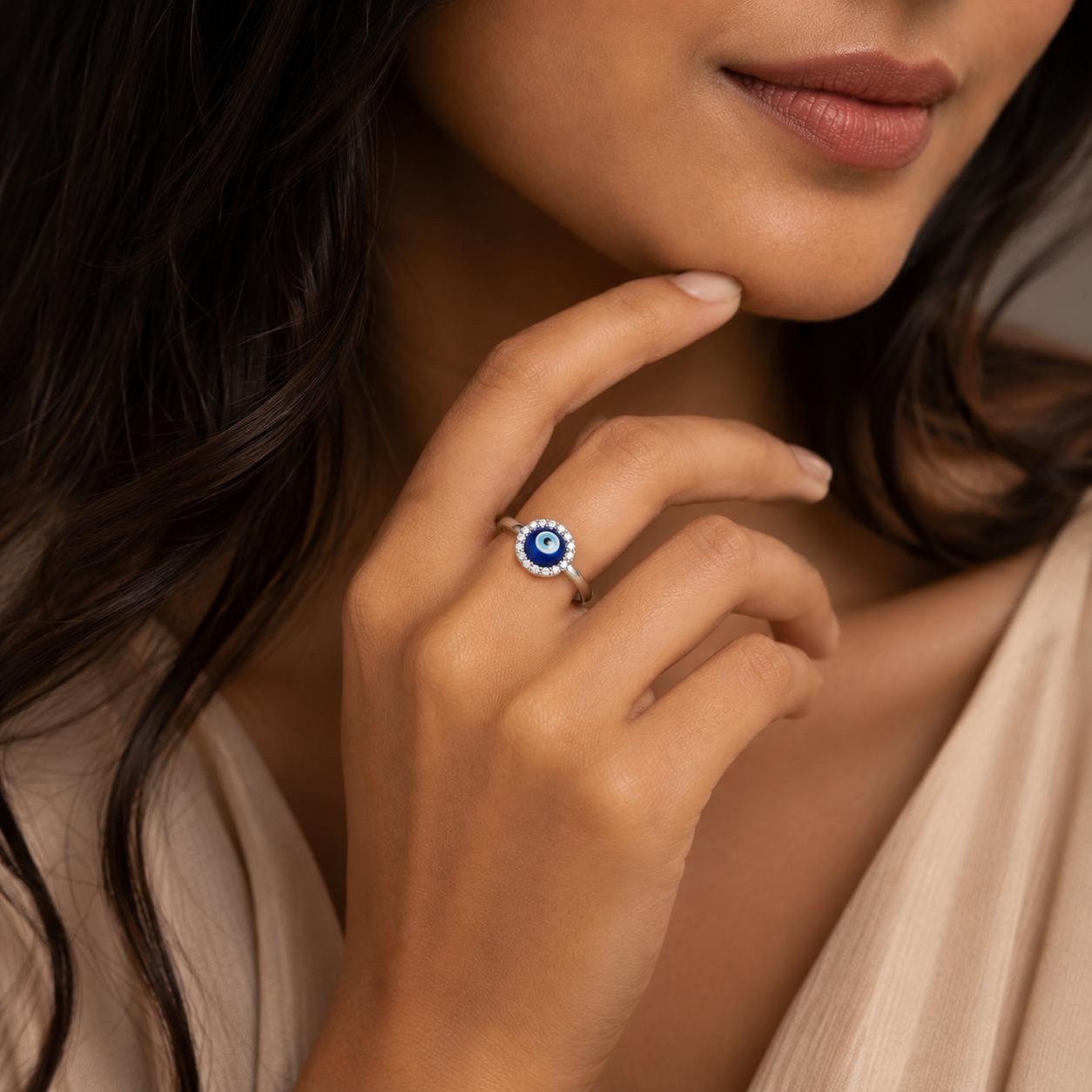 925 Sterling Silver Evil Eye Cz Adjustable Ring - Image 2