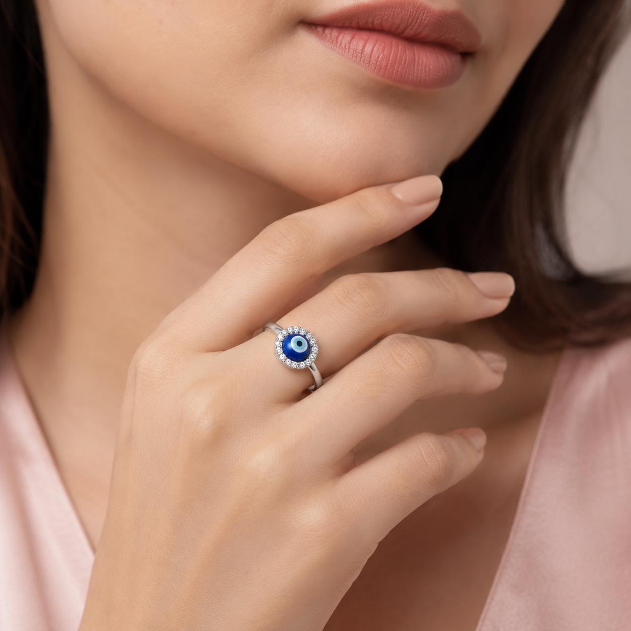 925 Sterling Silver Evil Eye Cz Adjustable Ring - Image 3