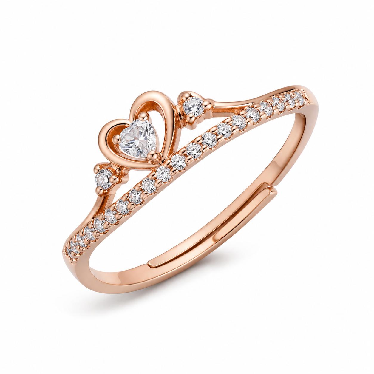 925 Sterling Silver Rose Gold Plated Heart Crown Cz Adjustable Ring - Image 2