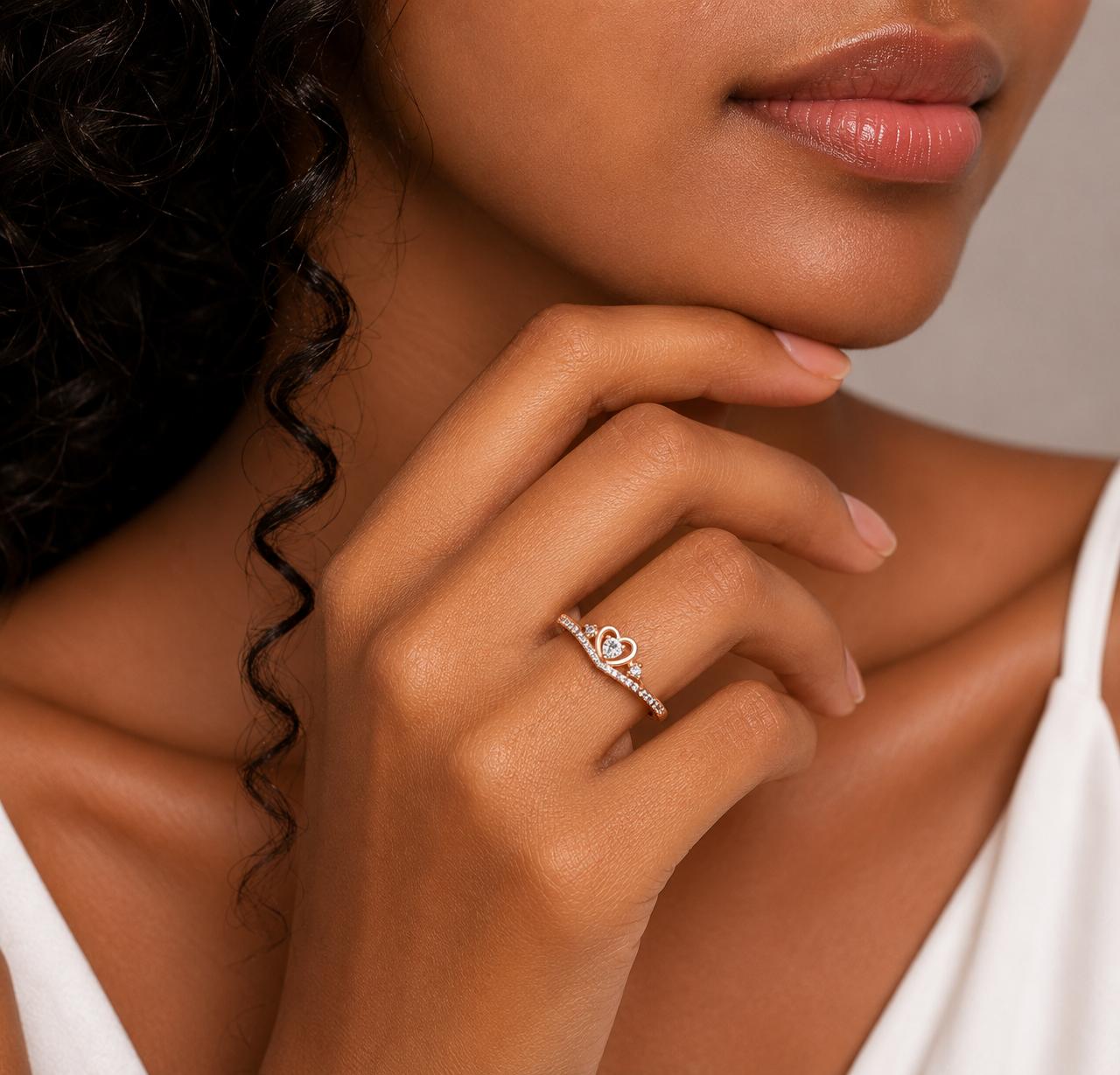 925 Sterling Silver Rose Gold Plated Heart Crown Cz Adjustable Ring - Image 3
