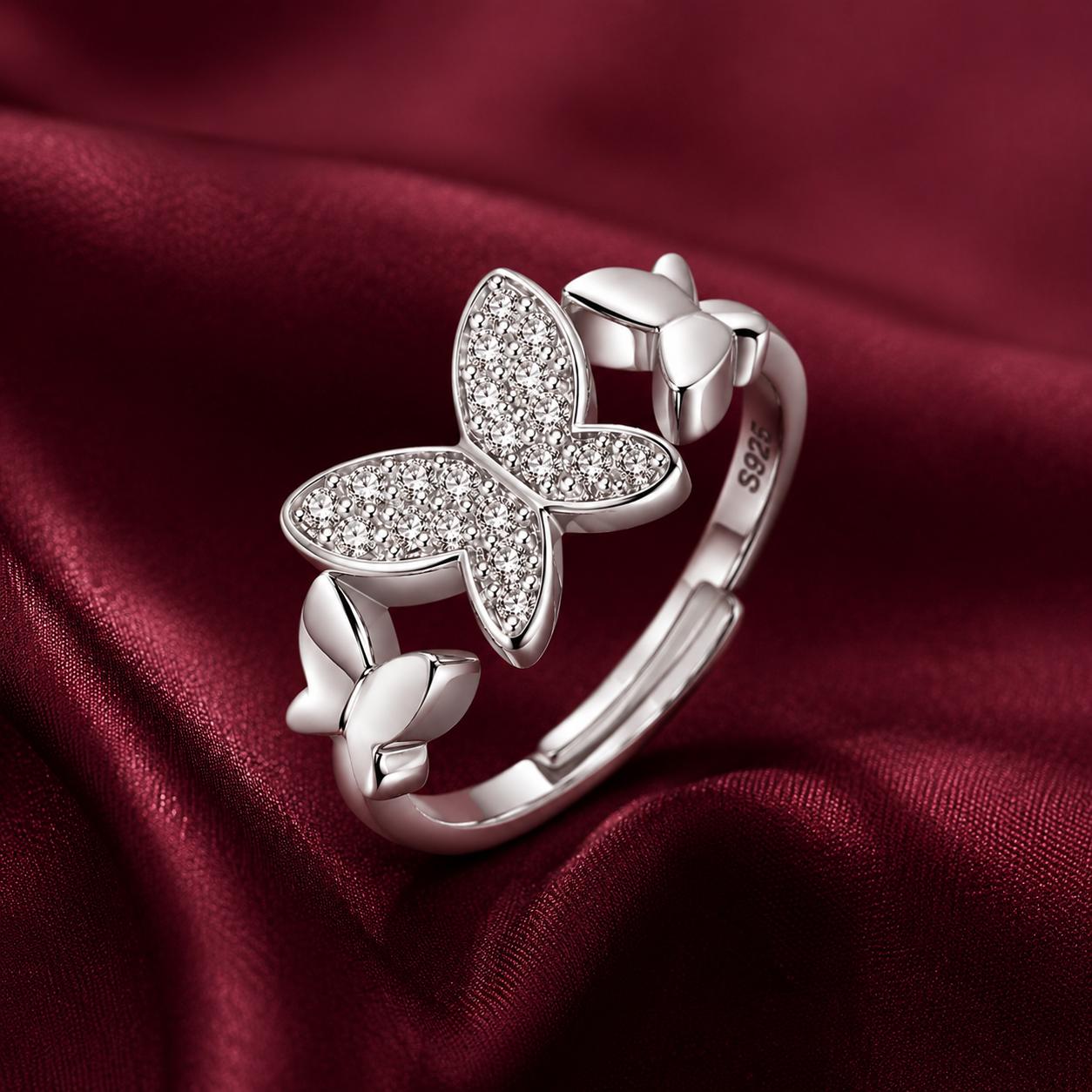 925 Sterling Silver Butterfly Cz Adjustable Ring