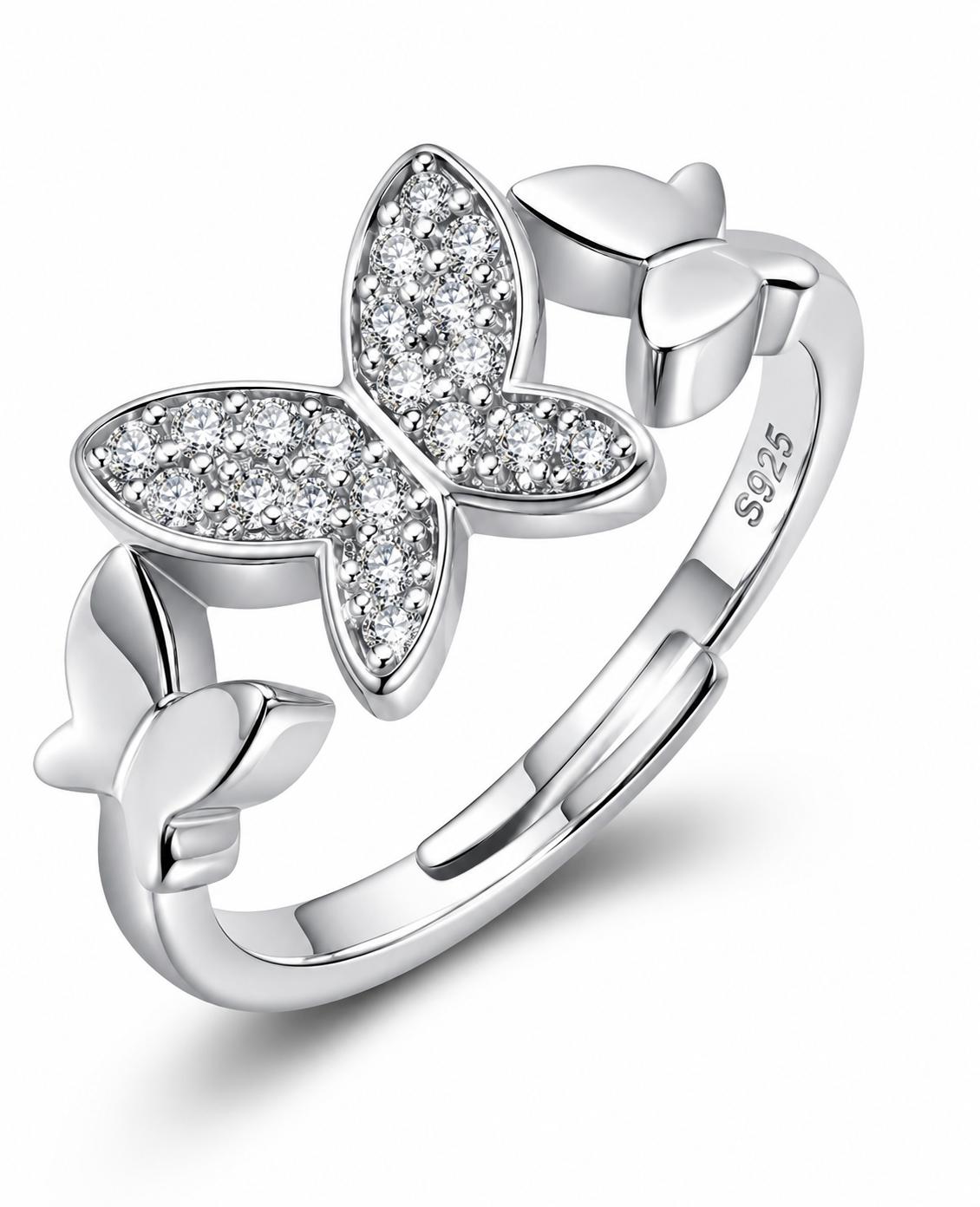 925 Sterling Silver Butterfly Cz Adjustable Ring - Image 2