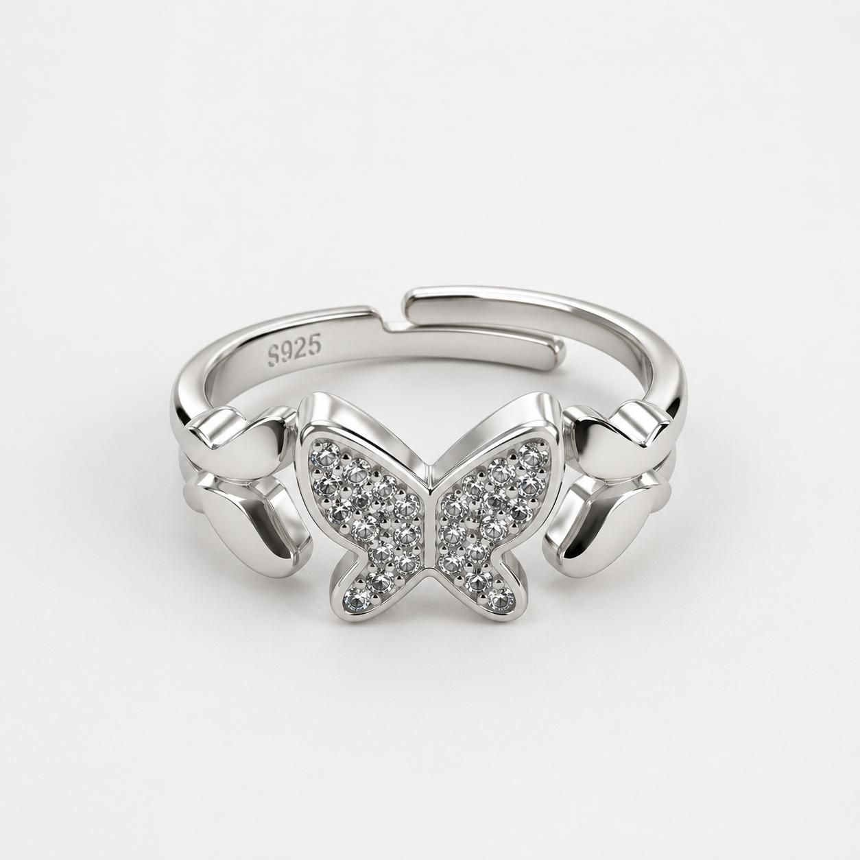 925 Sterling Silver Butterfly Cz Adjustable Ring - Image 4