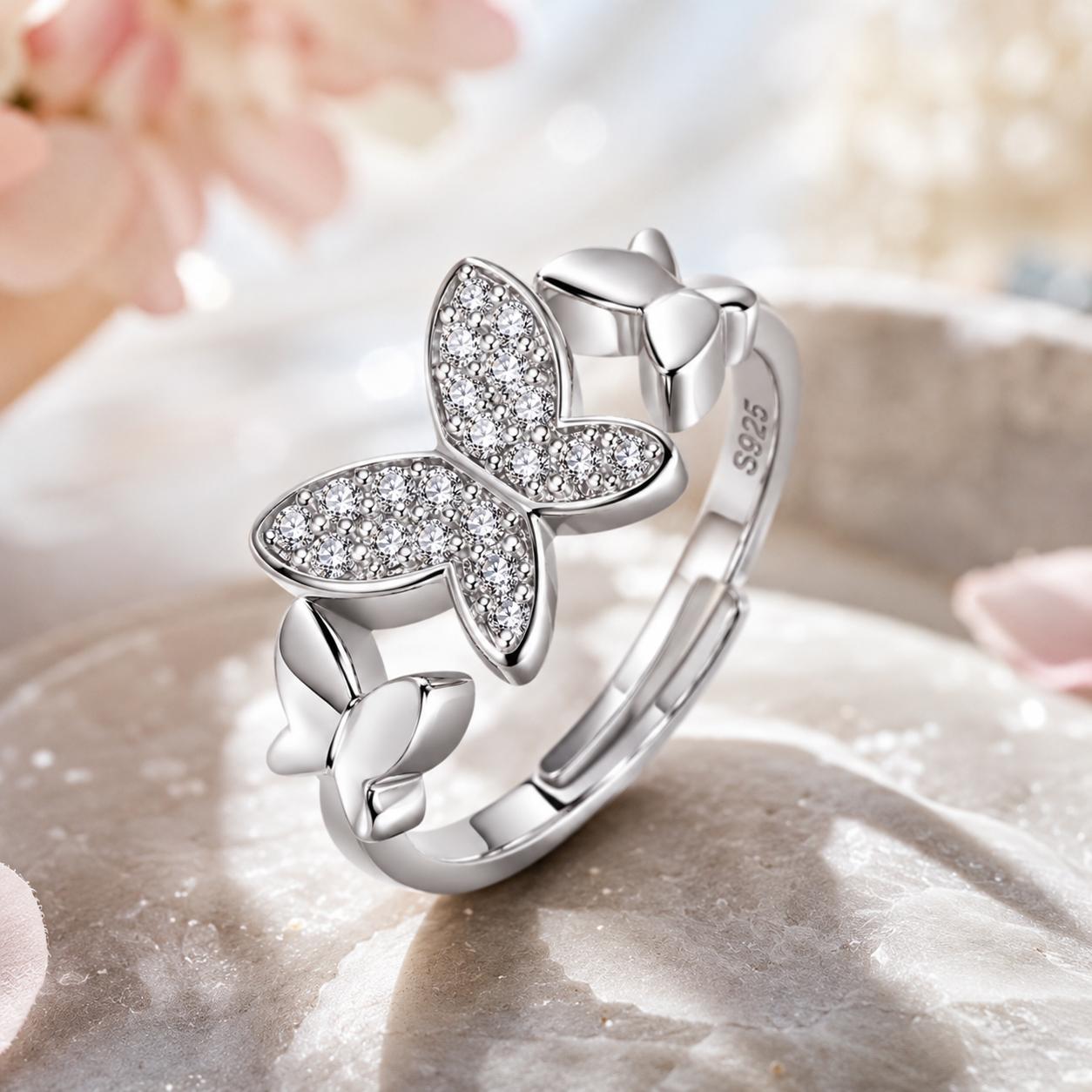 925 Sterling Silver Butterfly Cz Adjustable Ring - Image 5