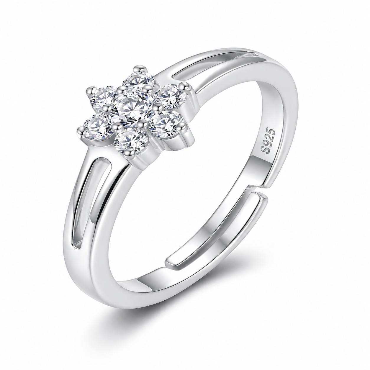 925 Sterling Silver Floral Cluster Cz Adjustable Ring - Image 2