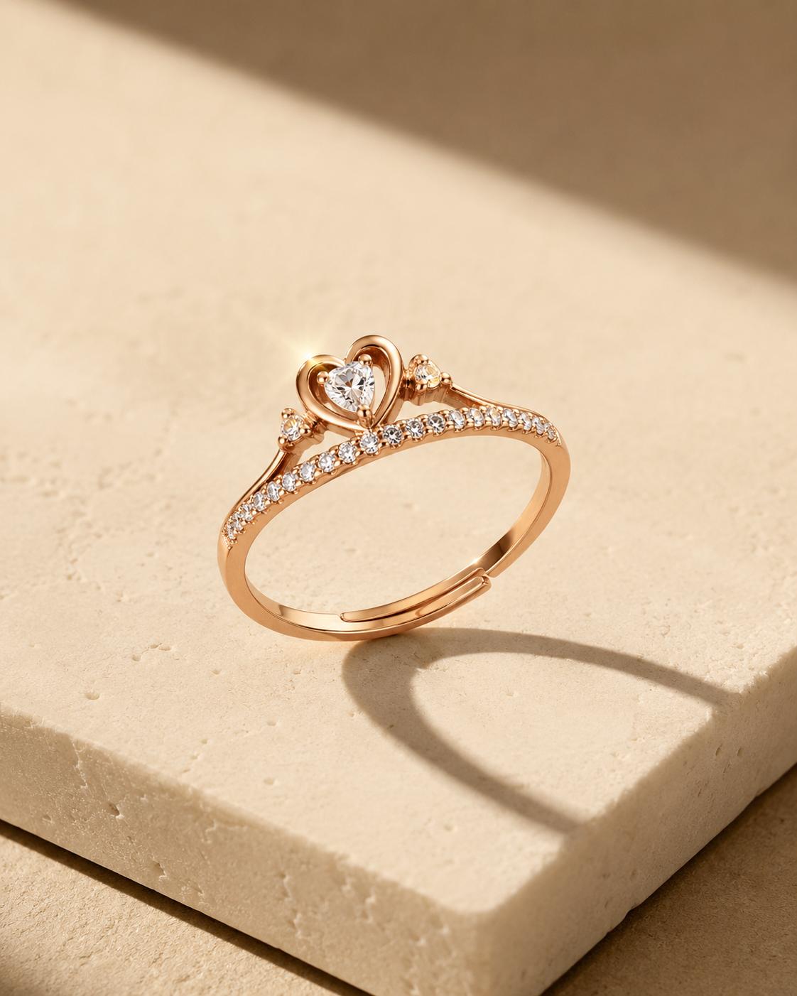 925 Sterling Silver Rose Gold Plated Heart Crown Cz Adjustable Ring
