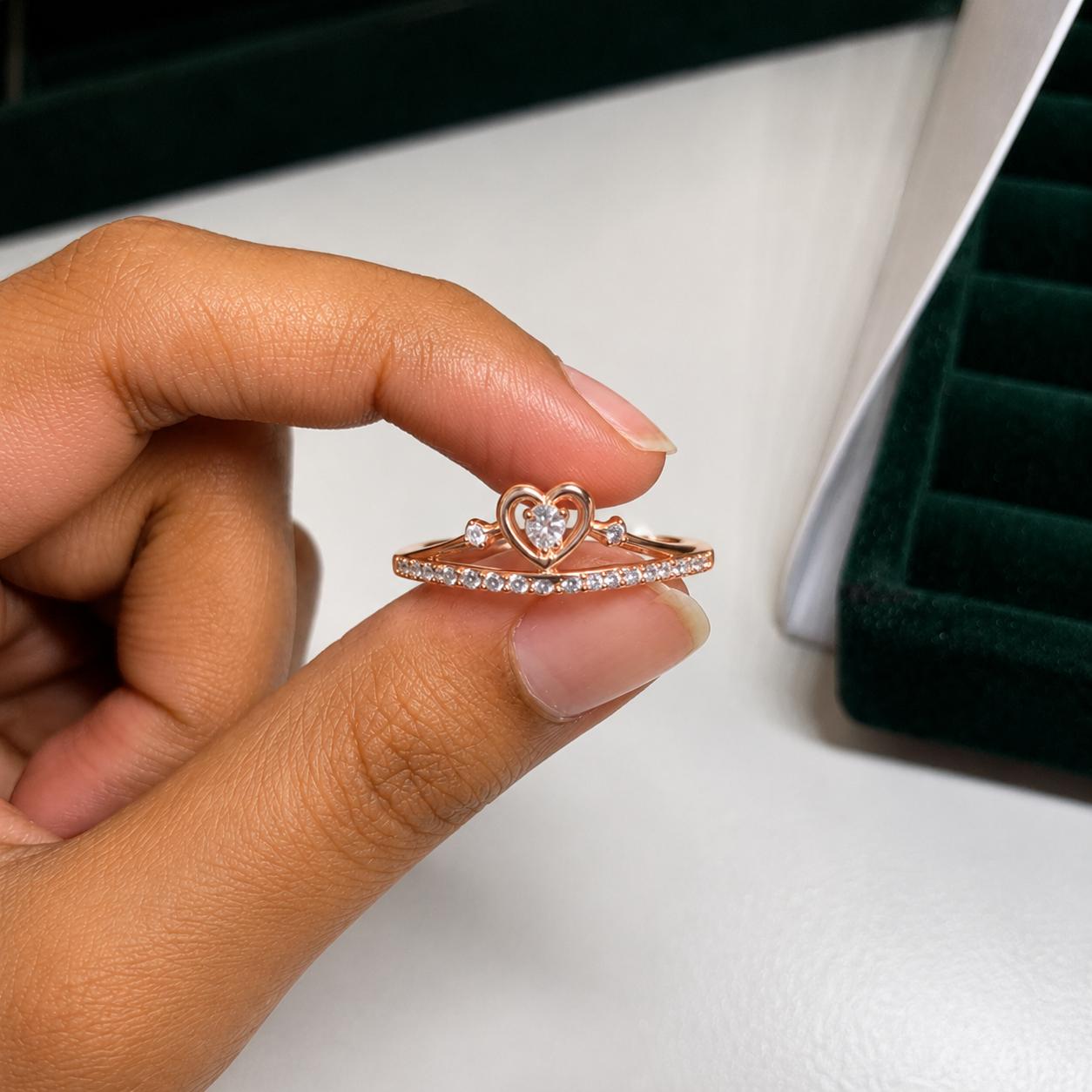 925 Sterling Silver Rose Gold Plated Heart Crown Cz Adjustable Ring - Image 4