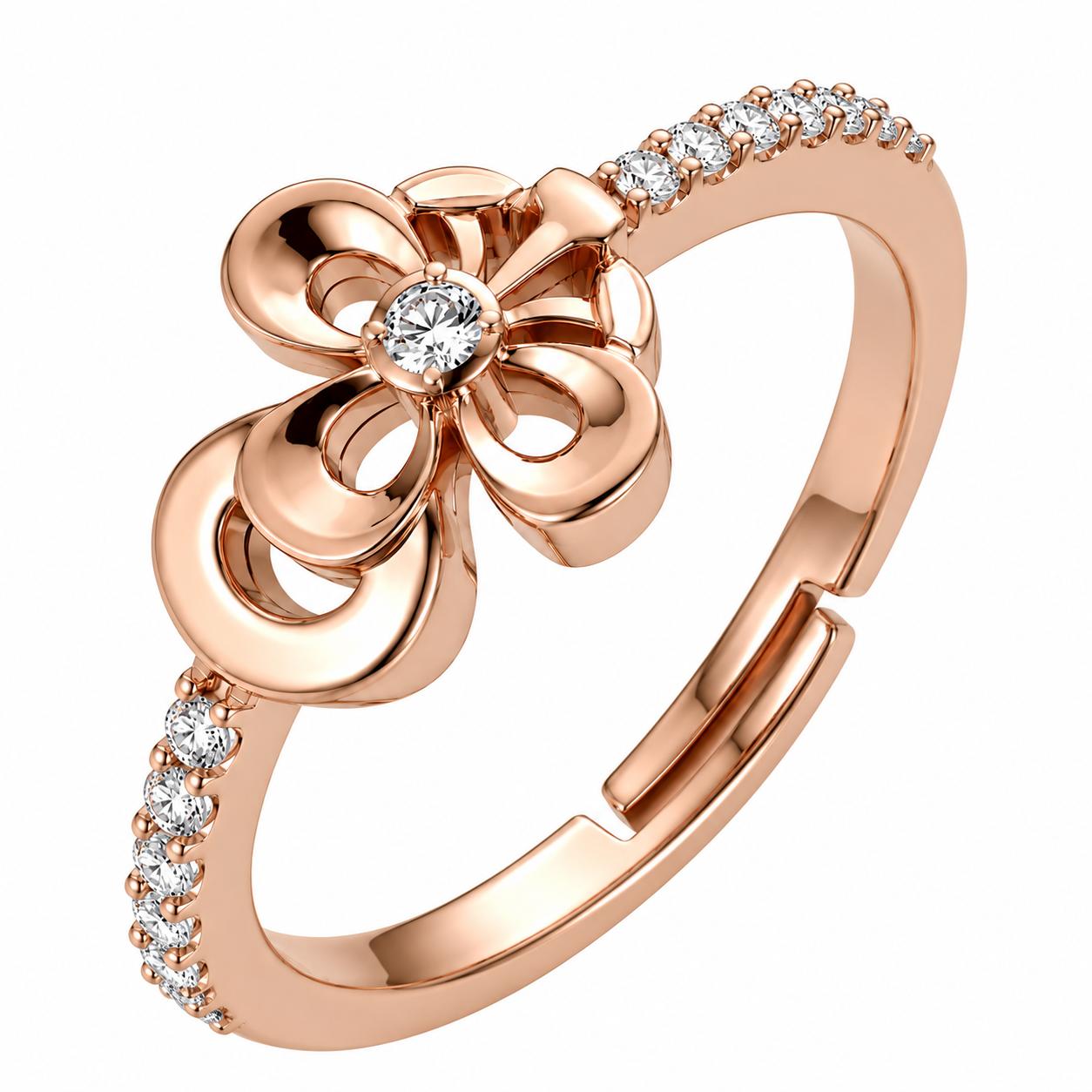 925 Sterling Silver Rose Gold Floral Cz Adjustable Ring - Image 2
