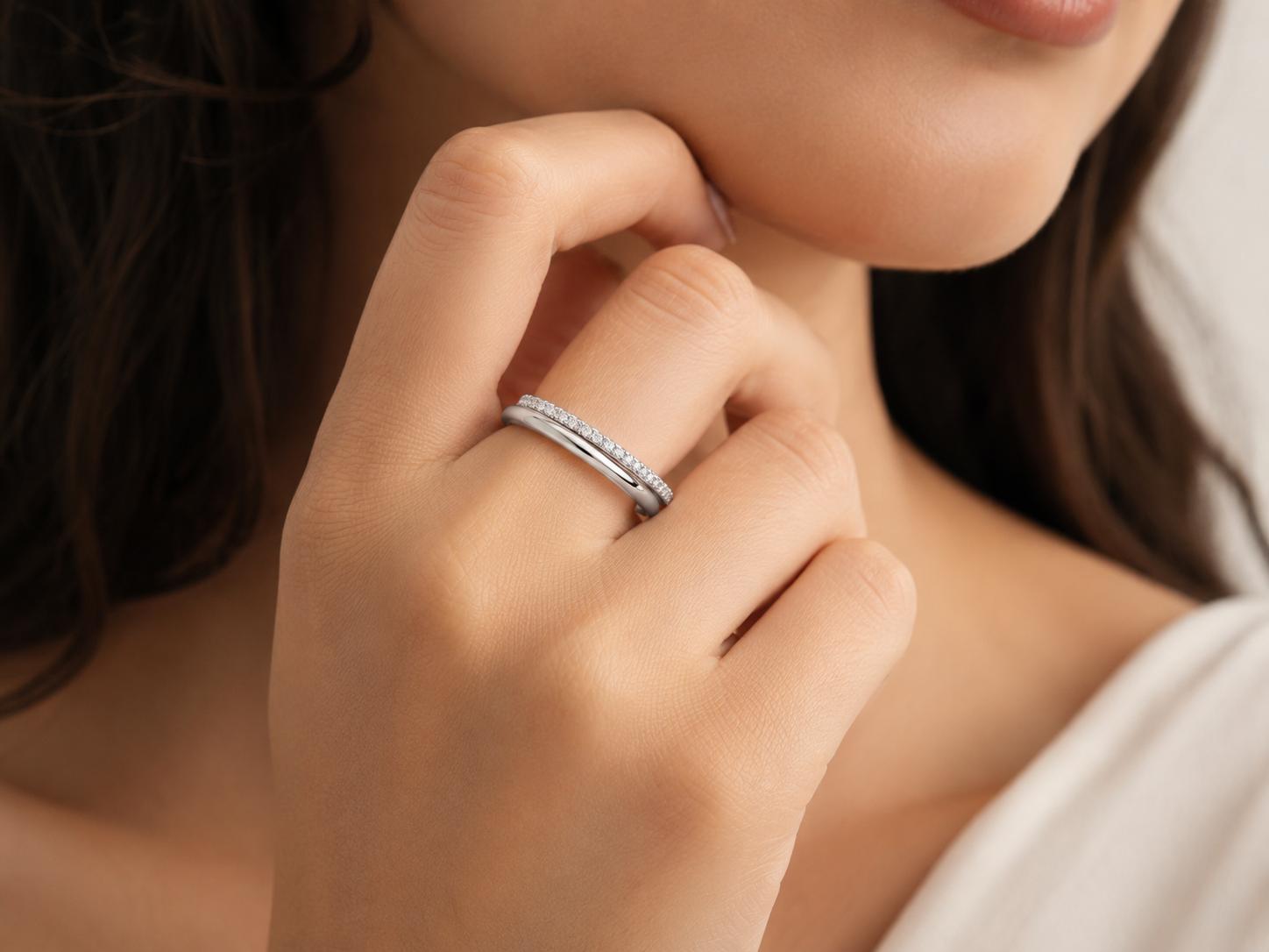 925 Sterling Silver Minimal Dual Band Cz Adjustable Ring - Image 2