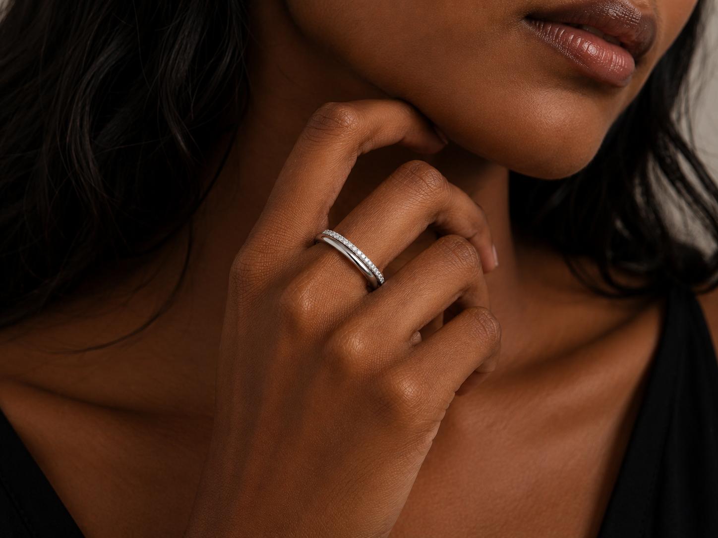 925 Sterling Silver Minimal Dual Band Cz Adjustable Ring - Image 4