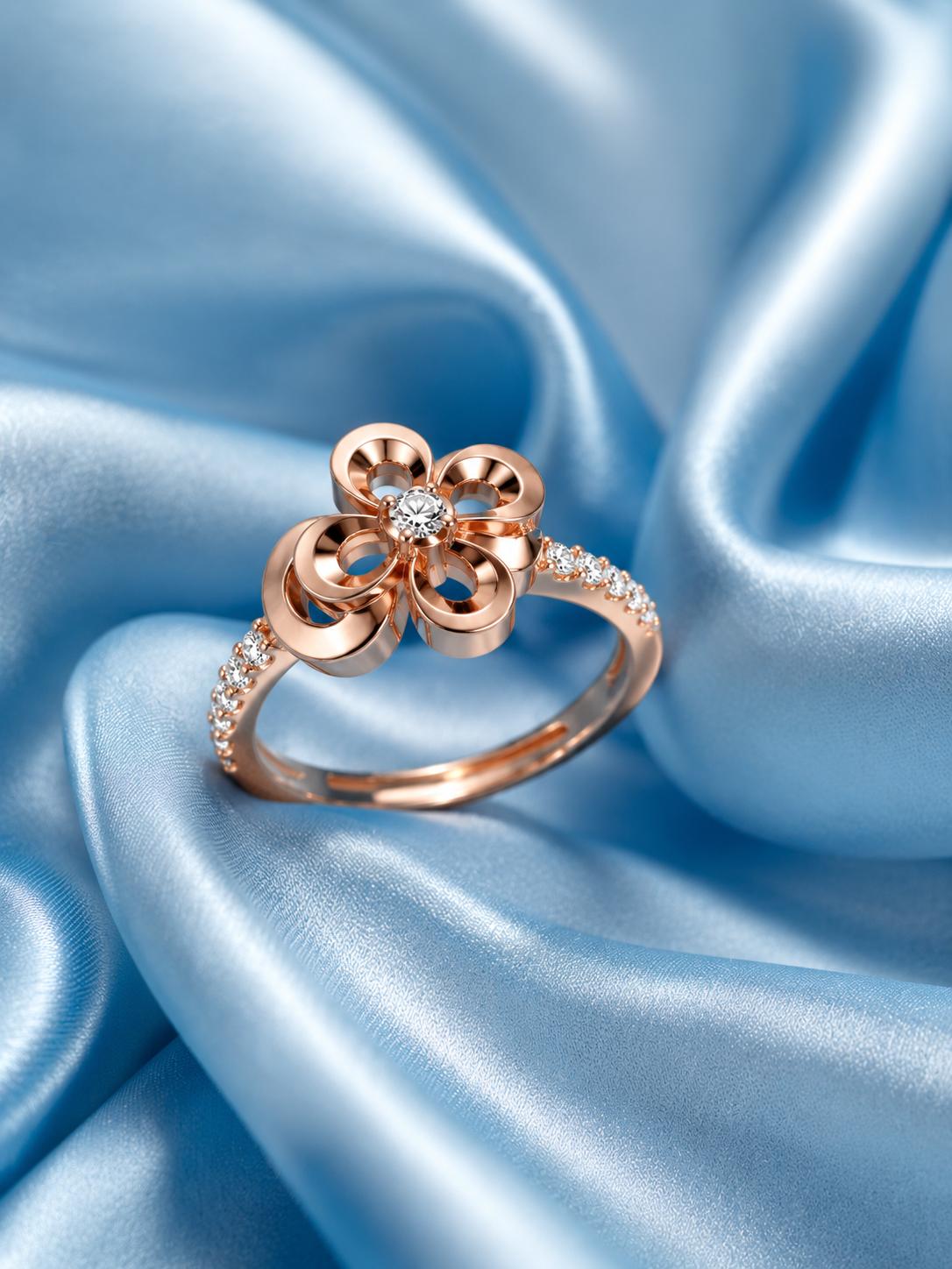 925 Sterling Silver Rose Gold Floral Cz Adjustable Ring