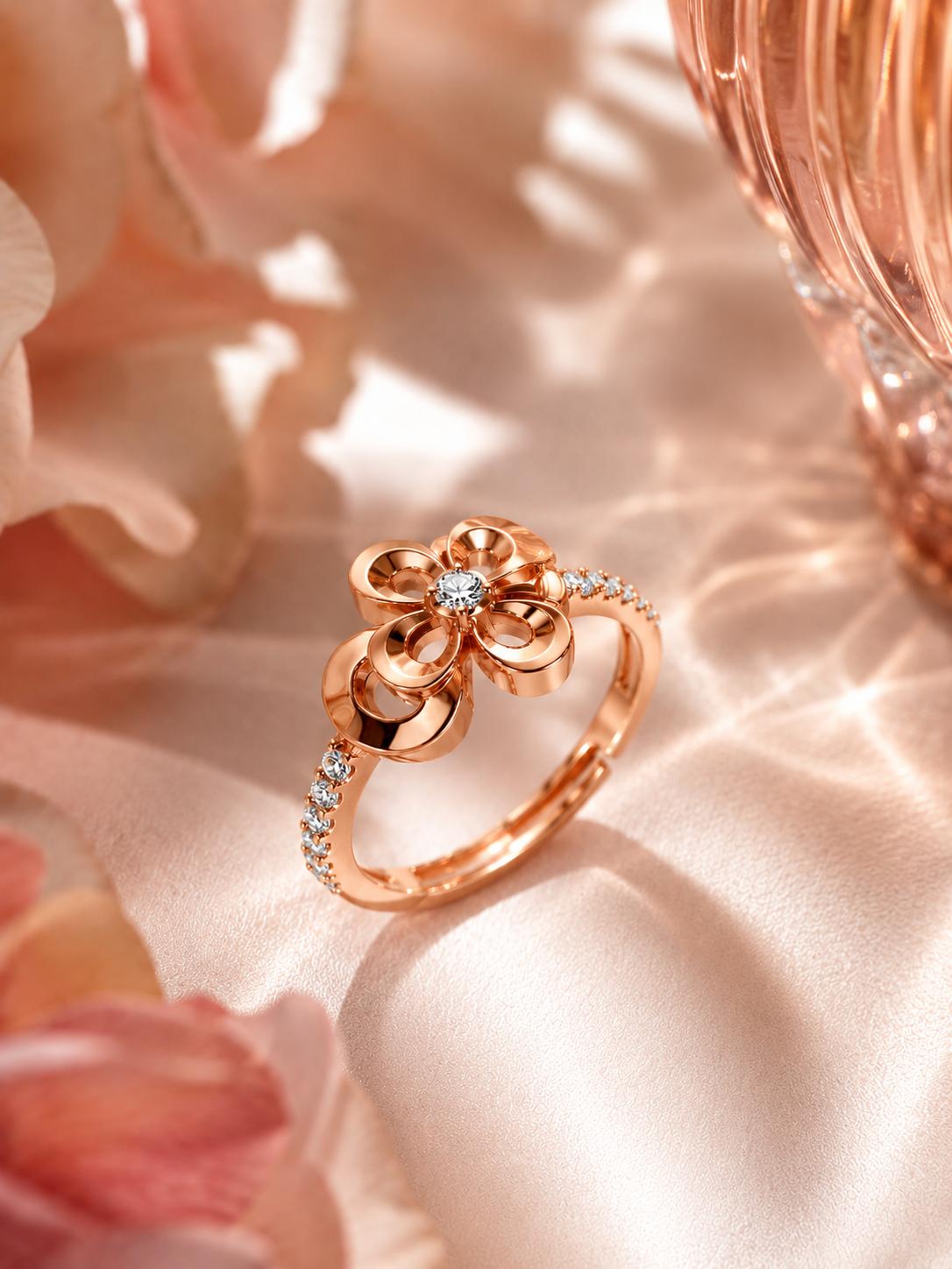 925 Sterling Silver Rose Gold Floral Cz Adjustable Ring - Image 6