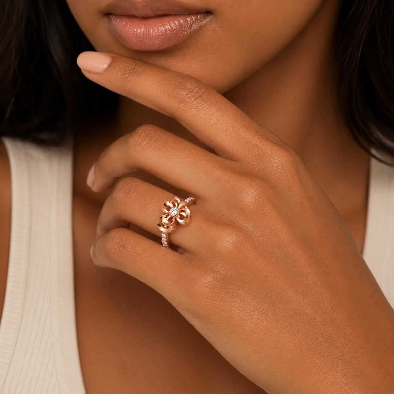 925 Sterling Silver Rose Gold Floral Cz Adjustable Ring - Image 3