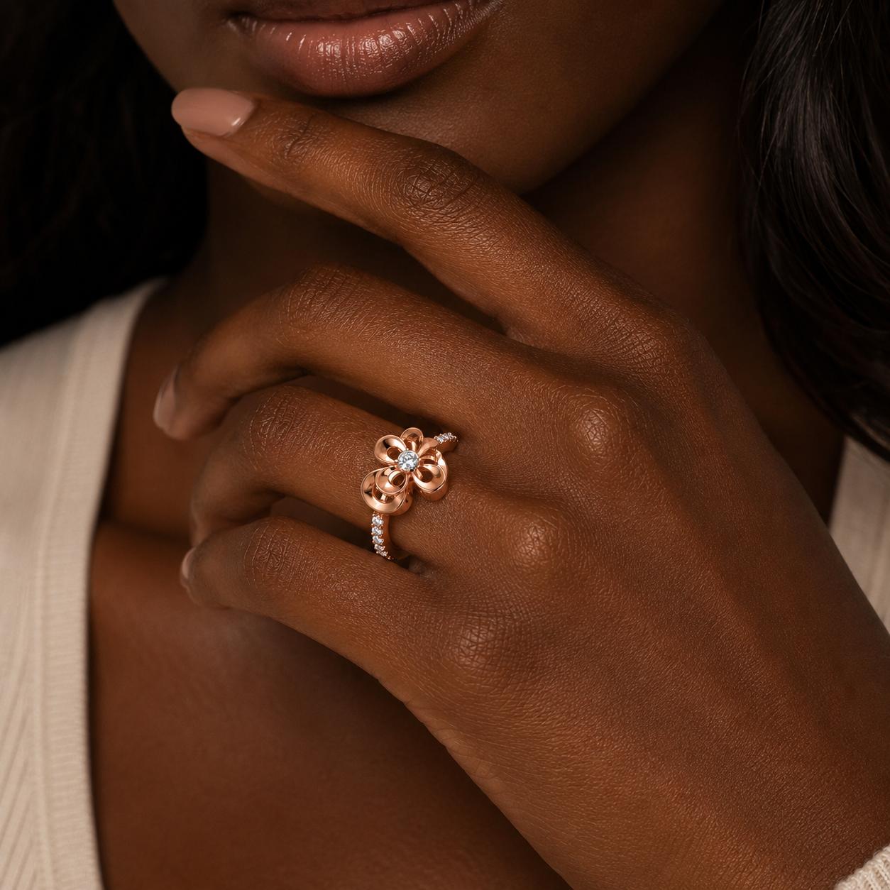 925 Sterling Silver Rose Gold Floral Cz Adjustable Ring - Image 5