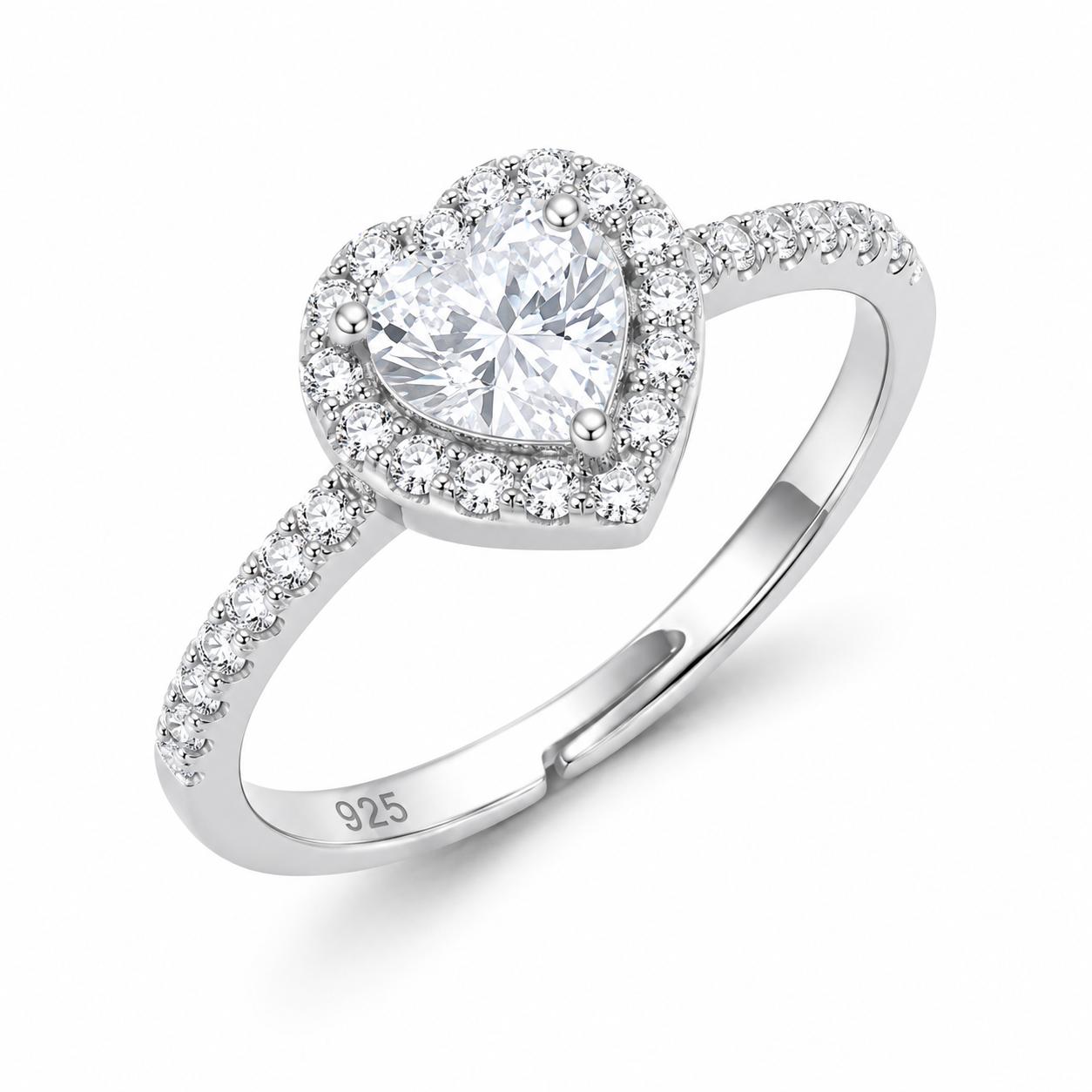 925 Sterling Silver Heart Halo Cz Adjustable Ring - Image 2